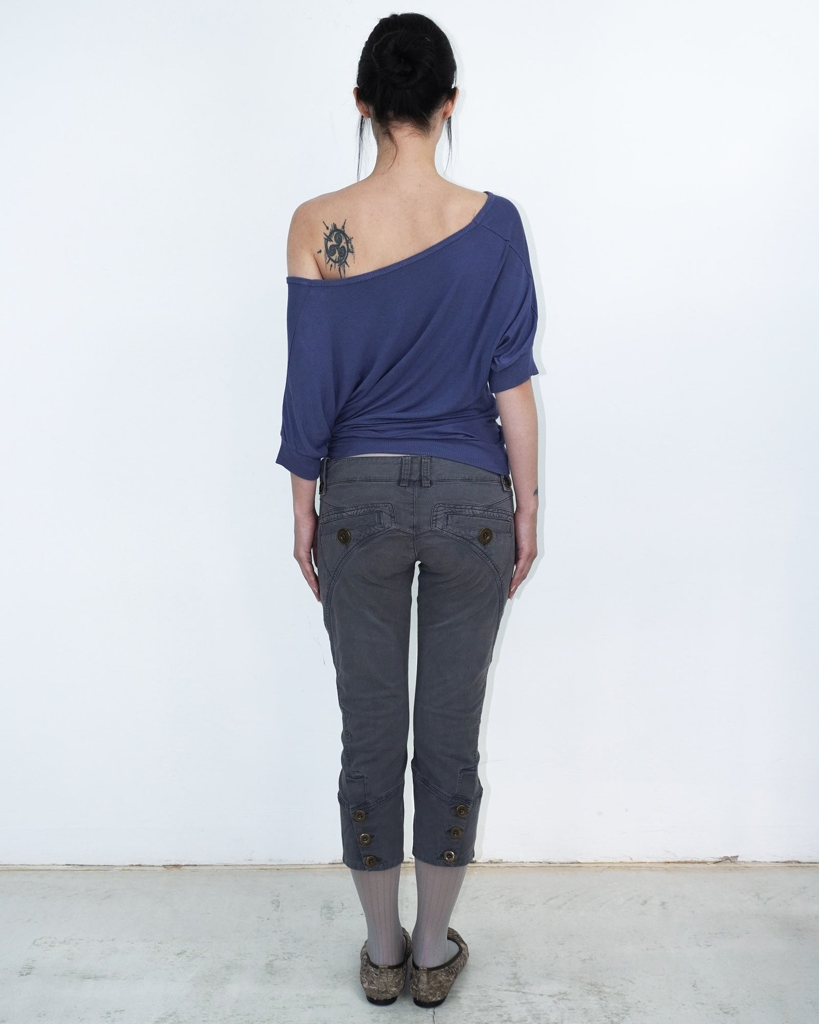 dark grey capri pants with button details