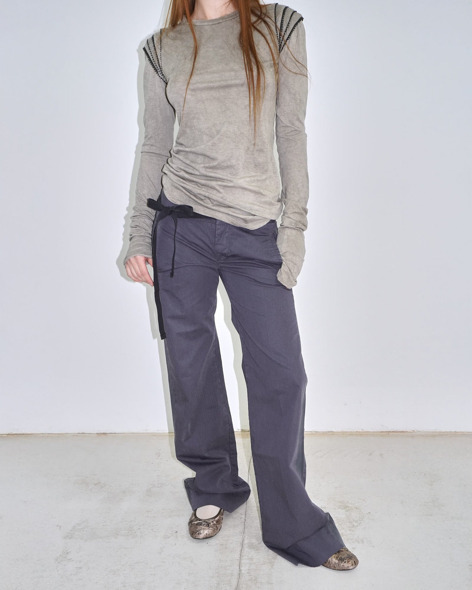 dark navy asymmetrical string belted pants