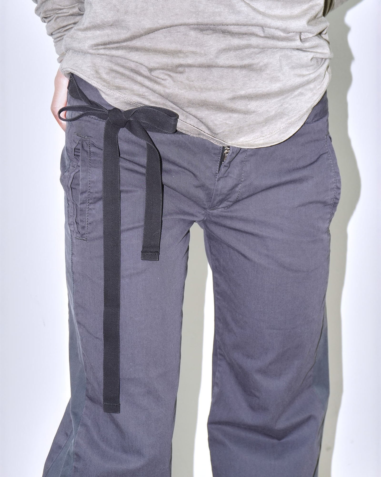 dark navy asymmetrical string belted pants