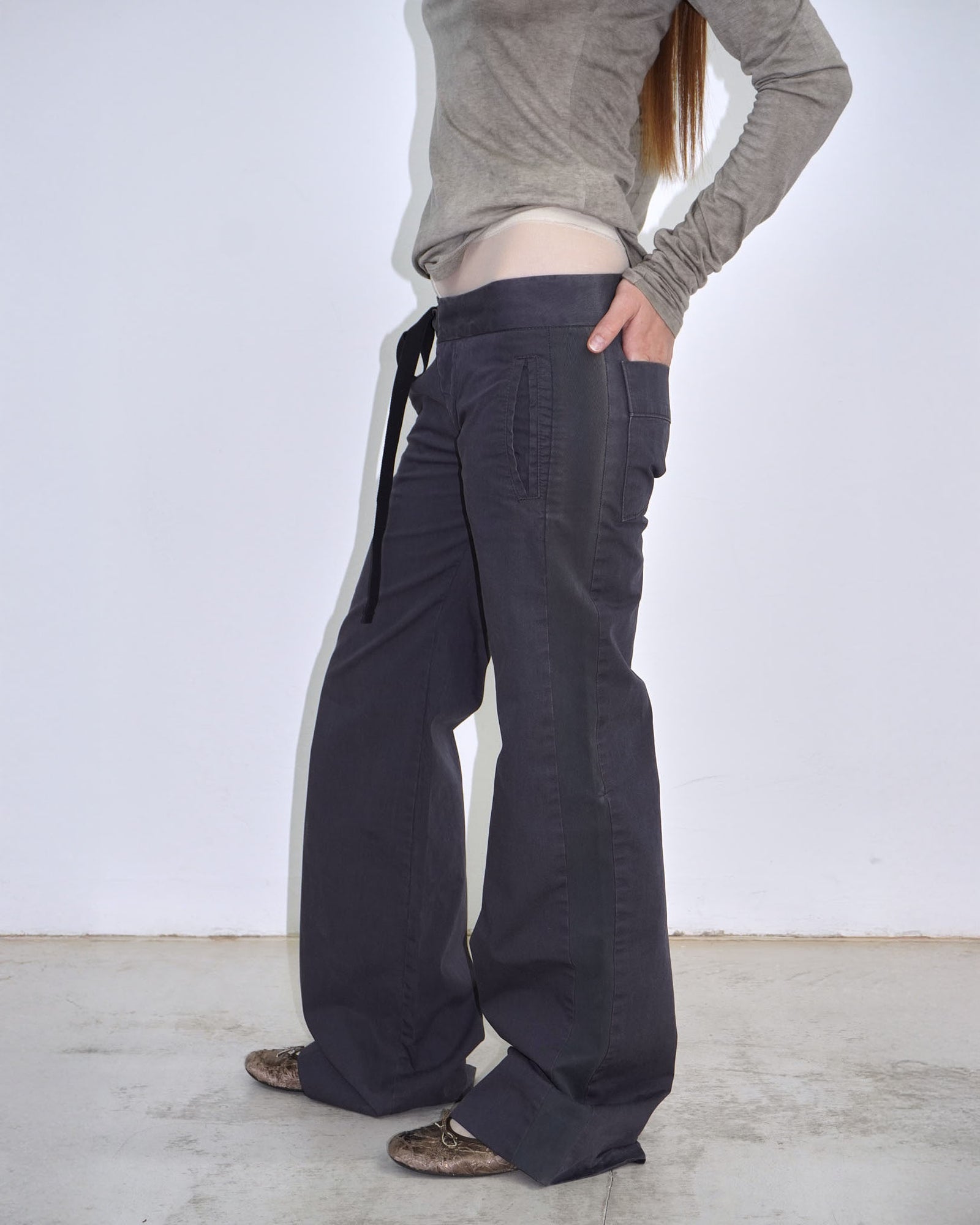 dark navy asymmetrical string belted pants