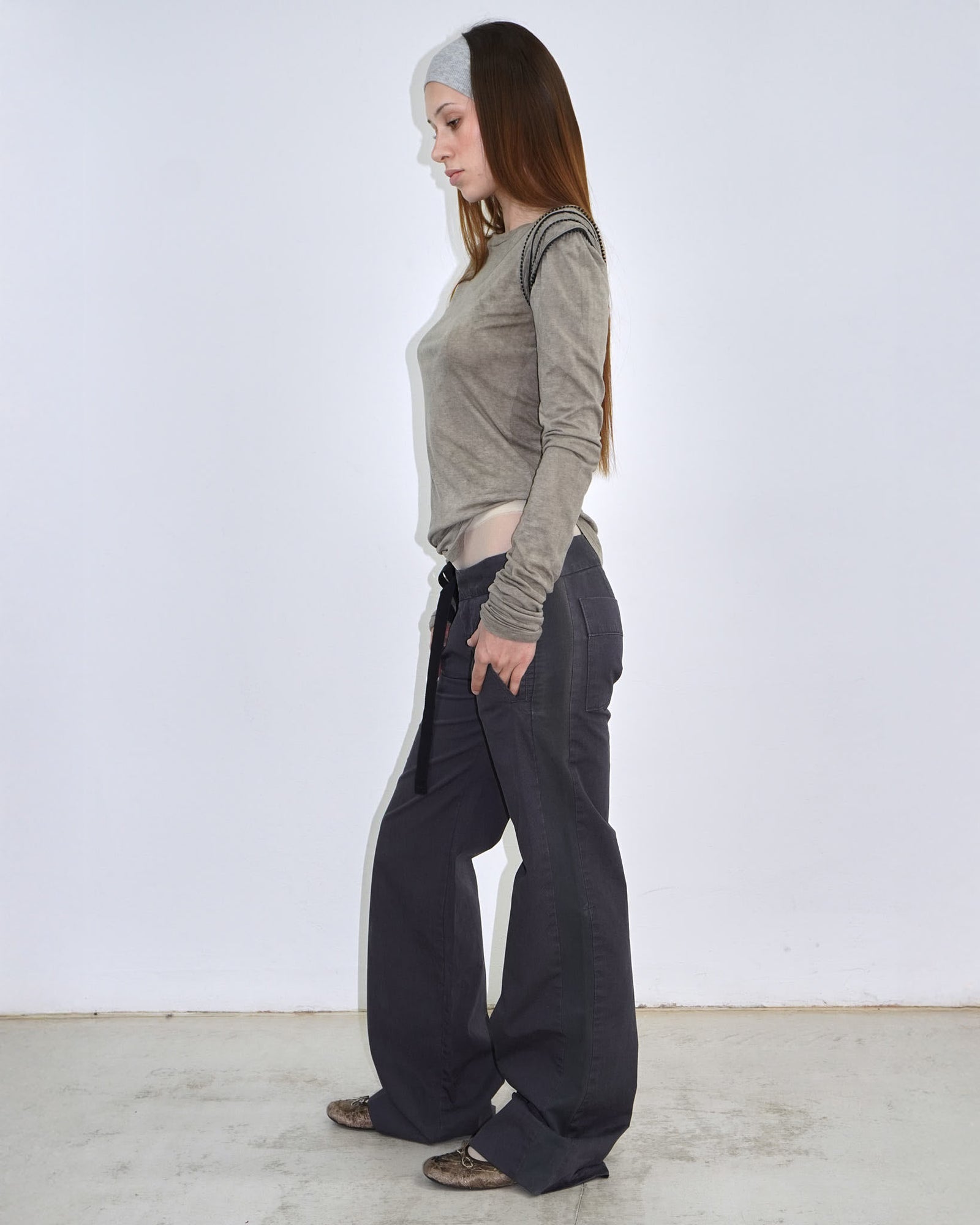 dark navy asymmetrical string belted pants