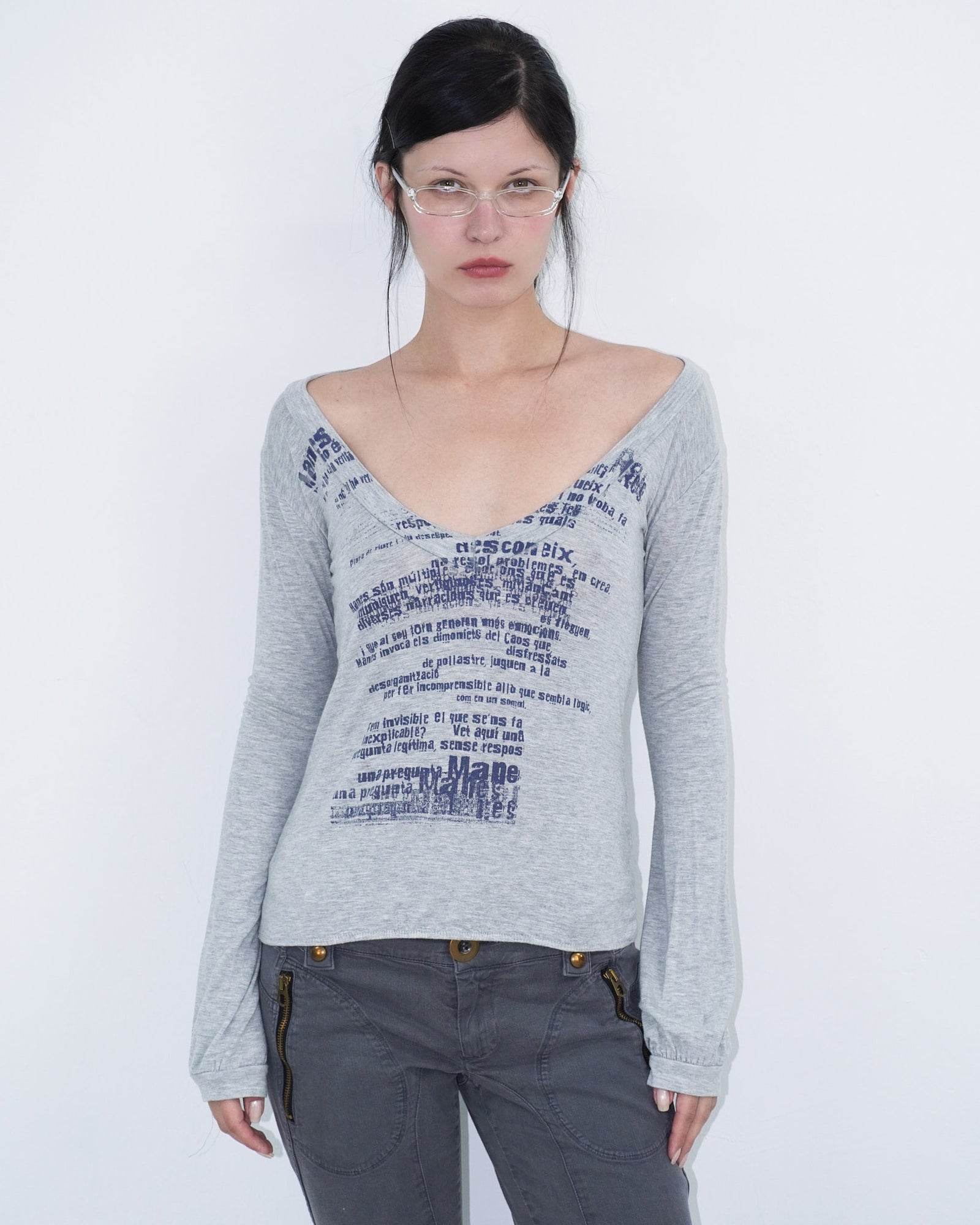 deep V-neck long sleeve top with open back