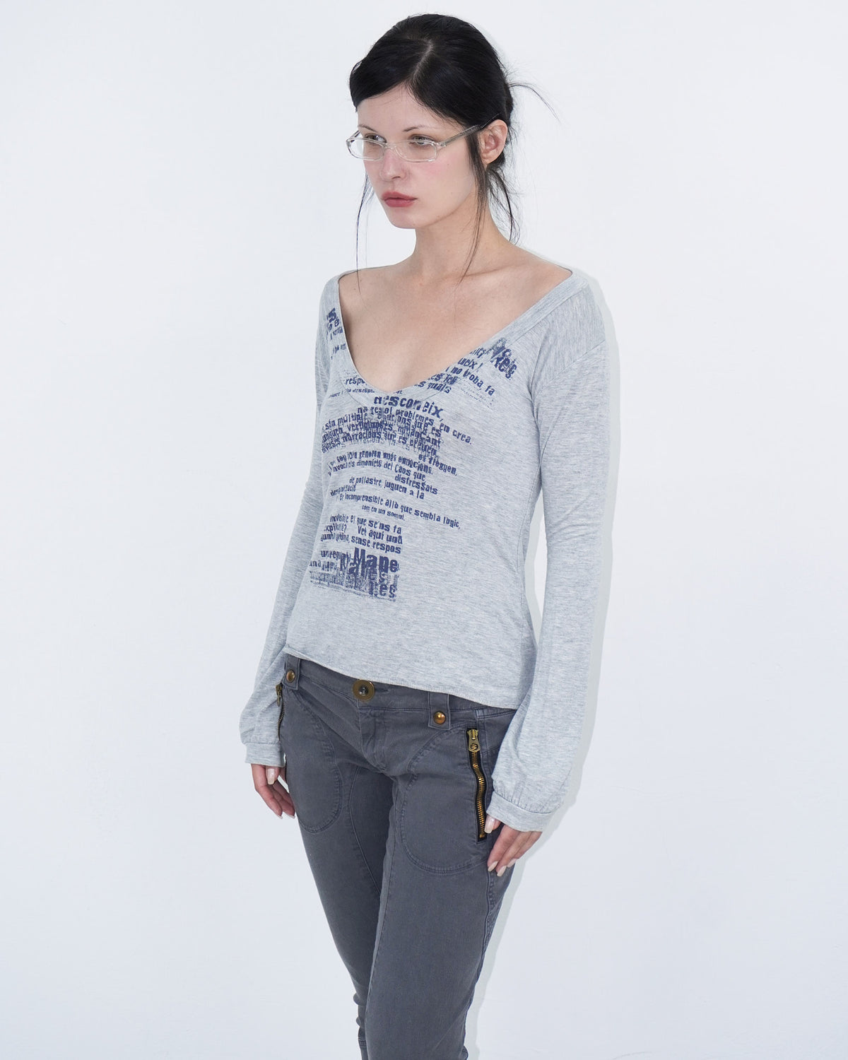 deep V-neck long sleeve top with open back