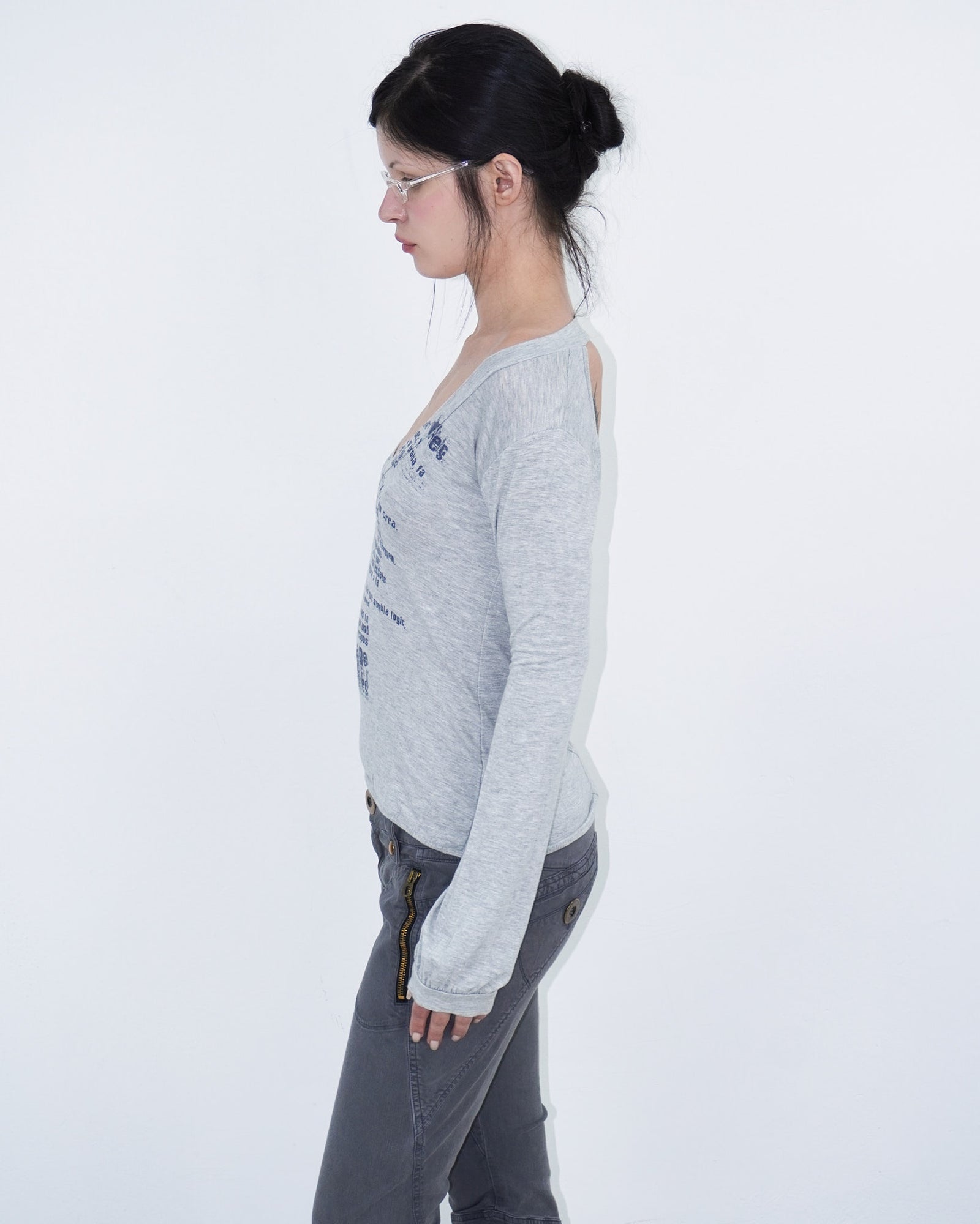 deep V-neck long sleeve top with open back