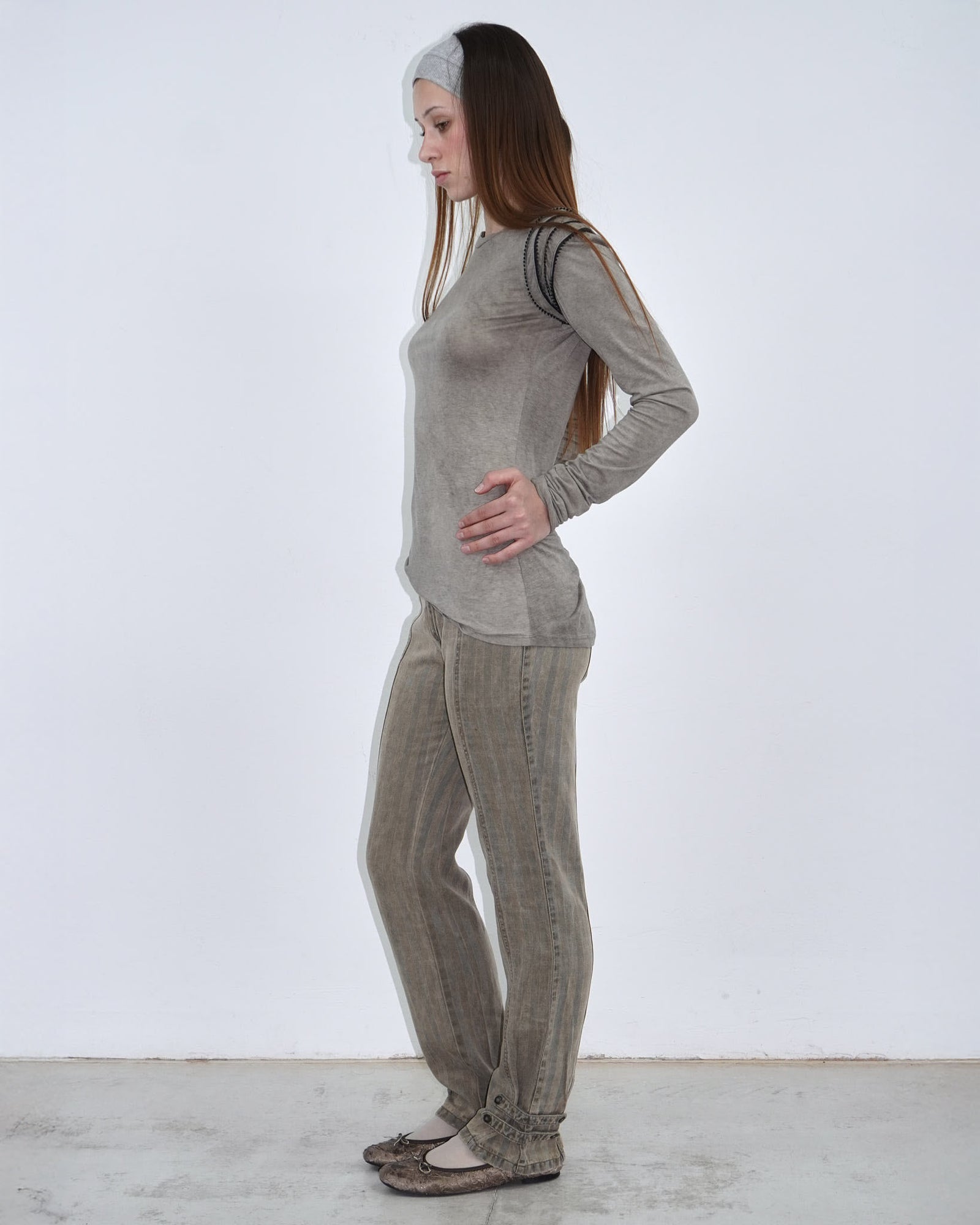 distressed striped straight pants