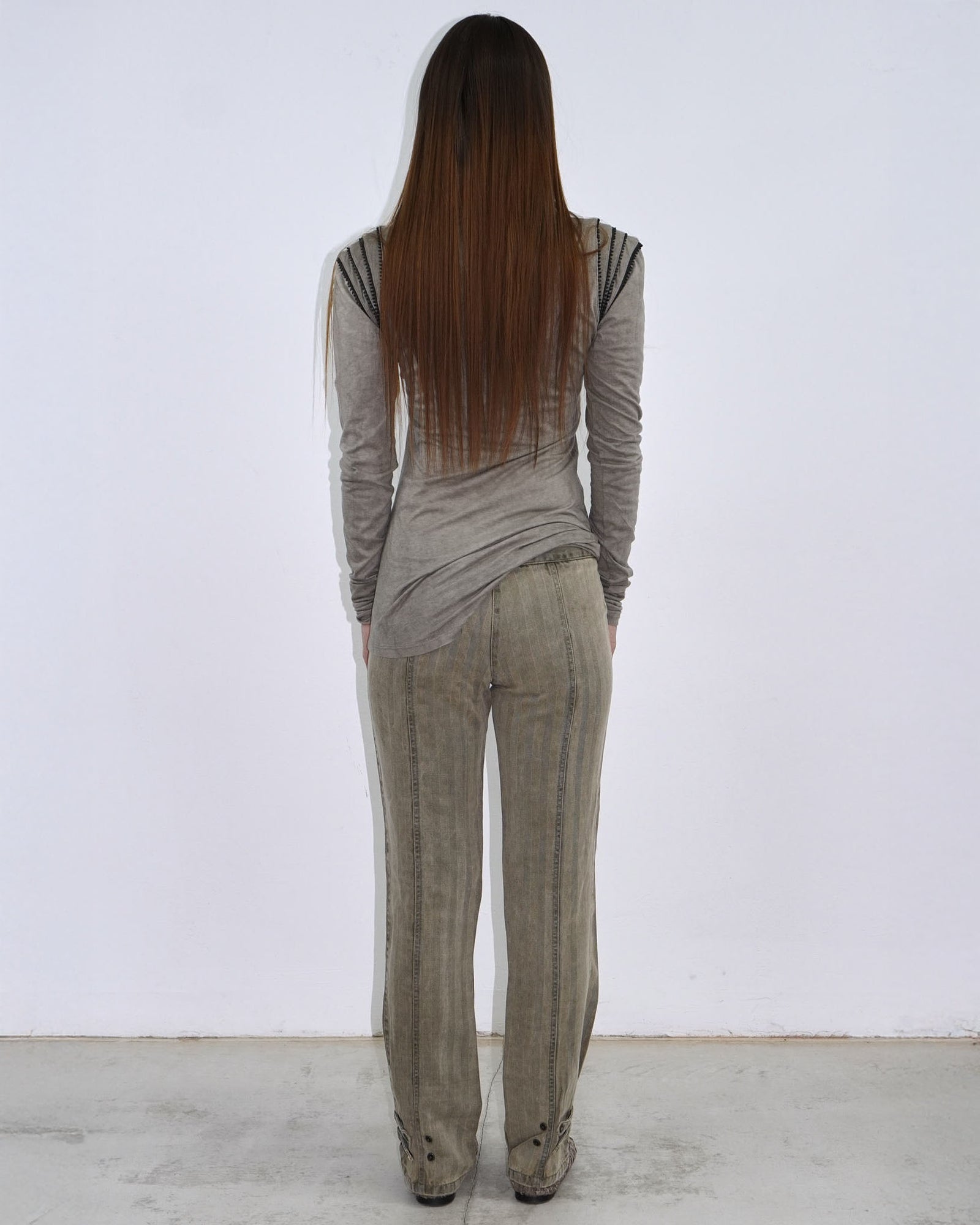 distressed striped straight pants