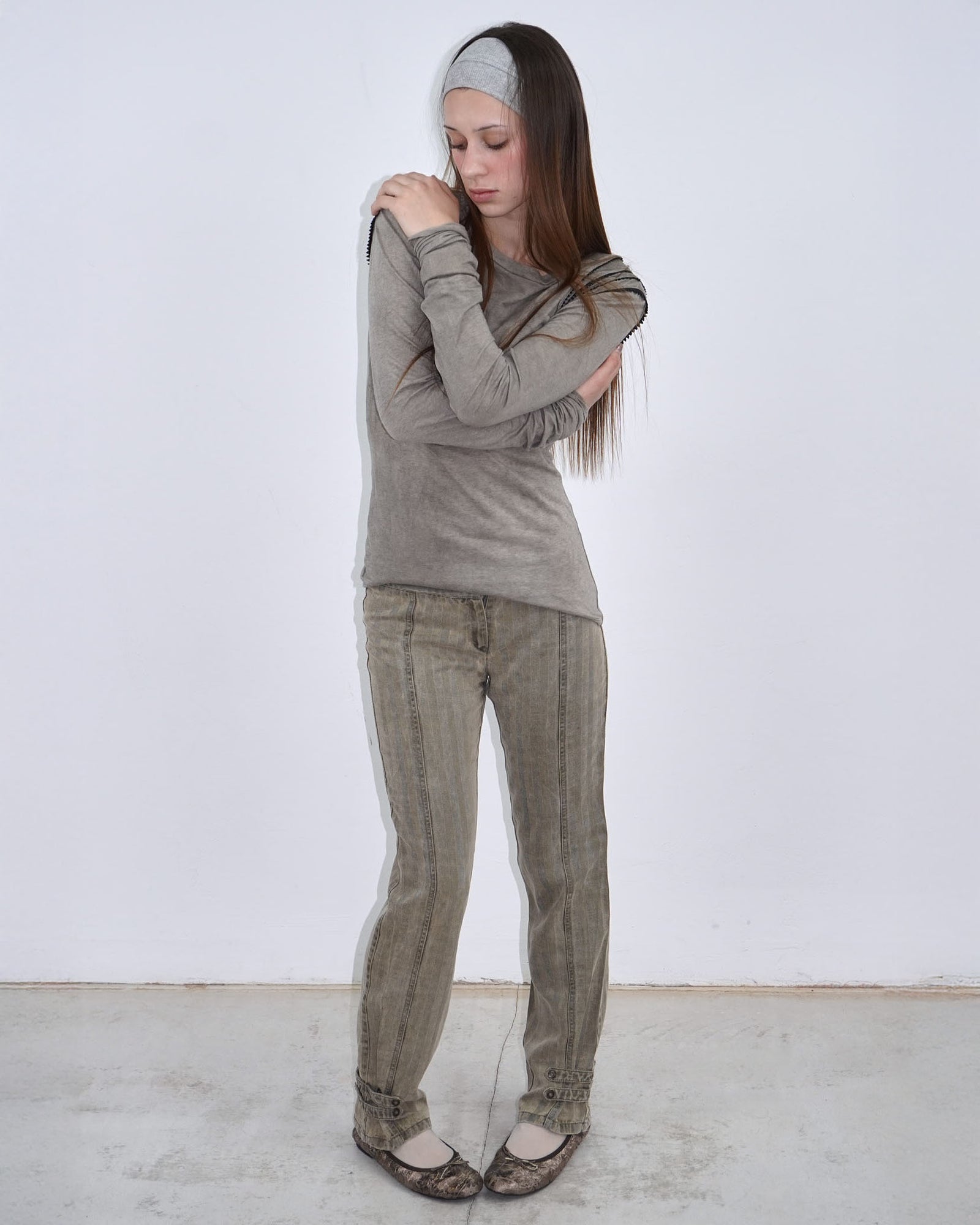 distressed striped straight pants