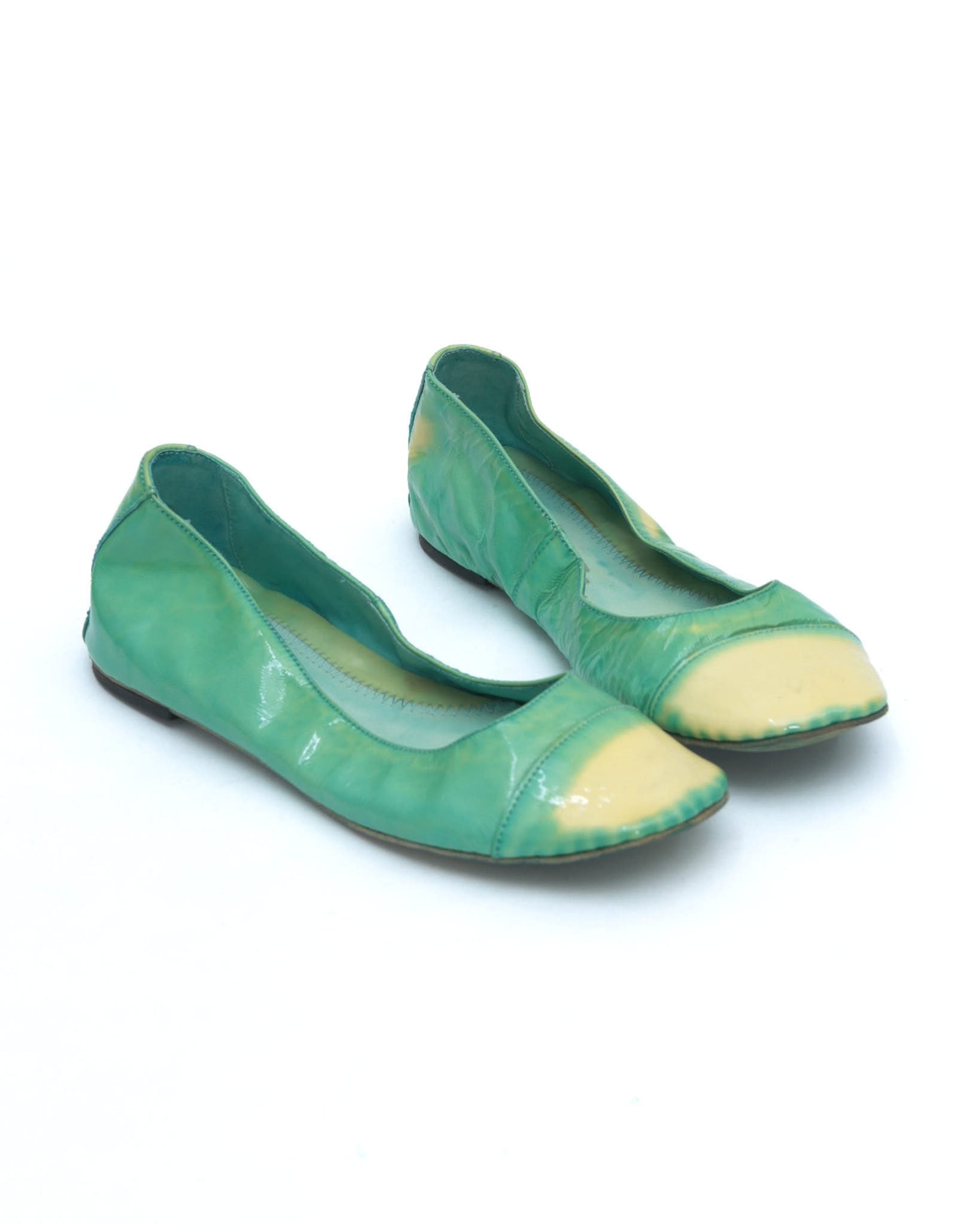 green patent ballet flats