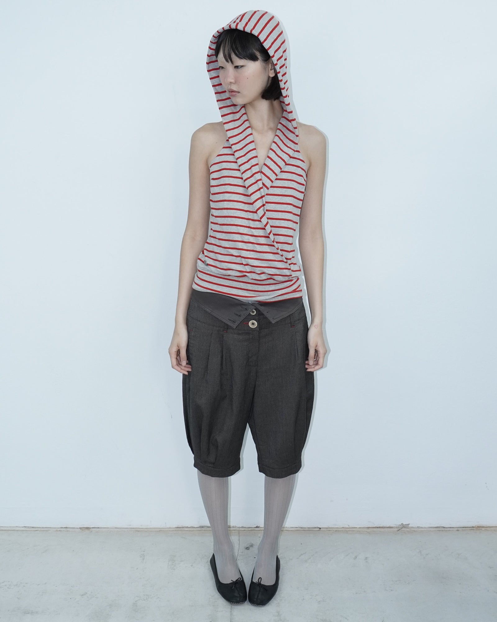 grey and red striped  hooded cotton top