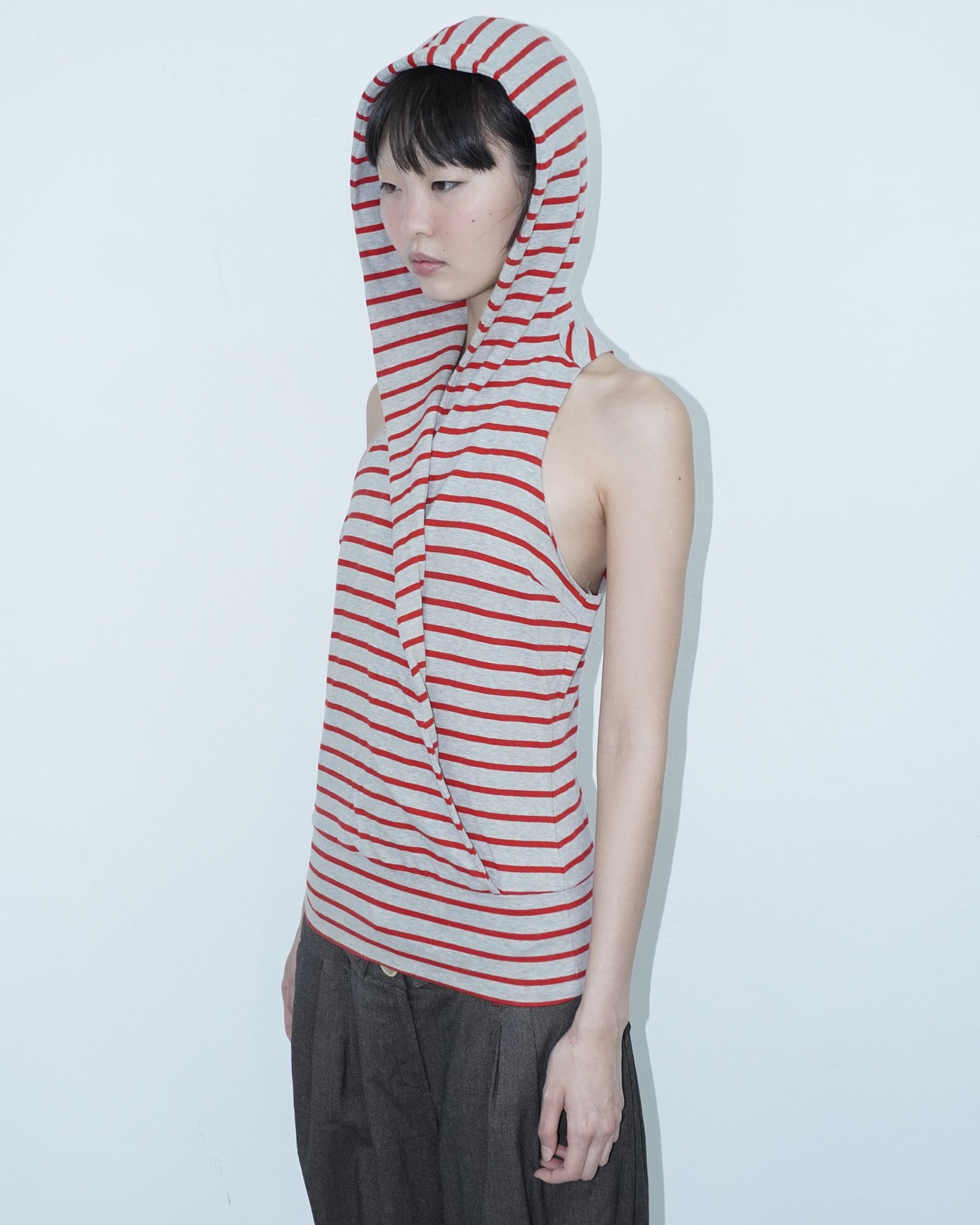 grey and red striped  hooded cotton top