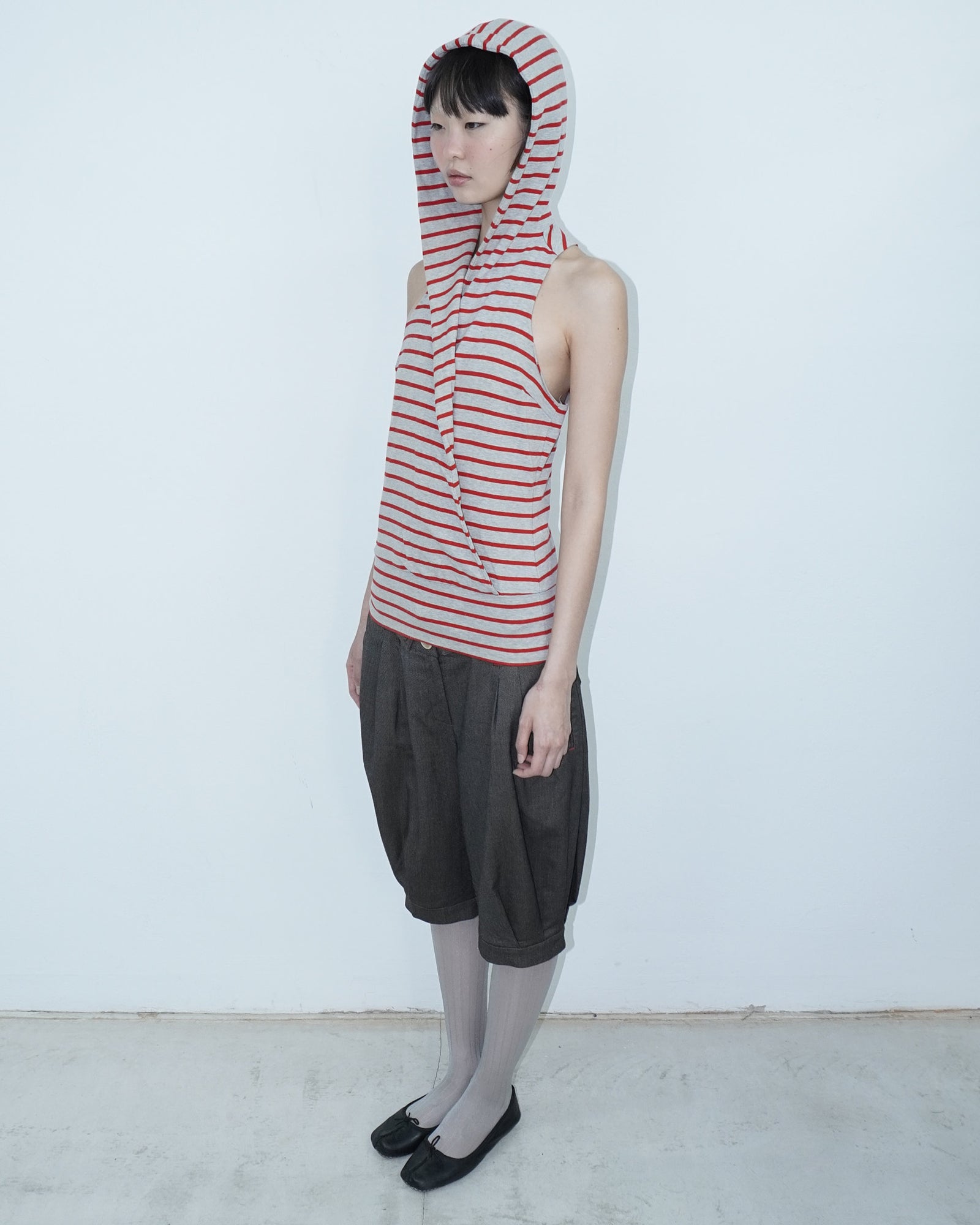grey and red striped  hooded cotton top