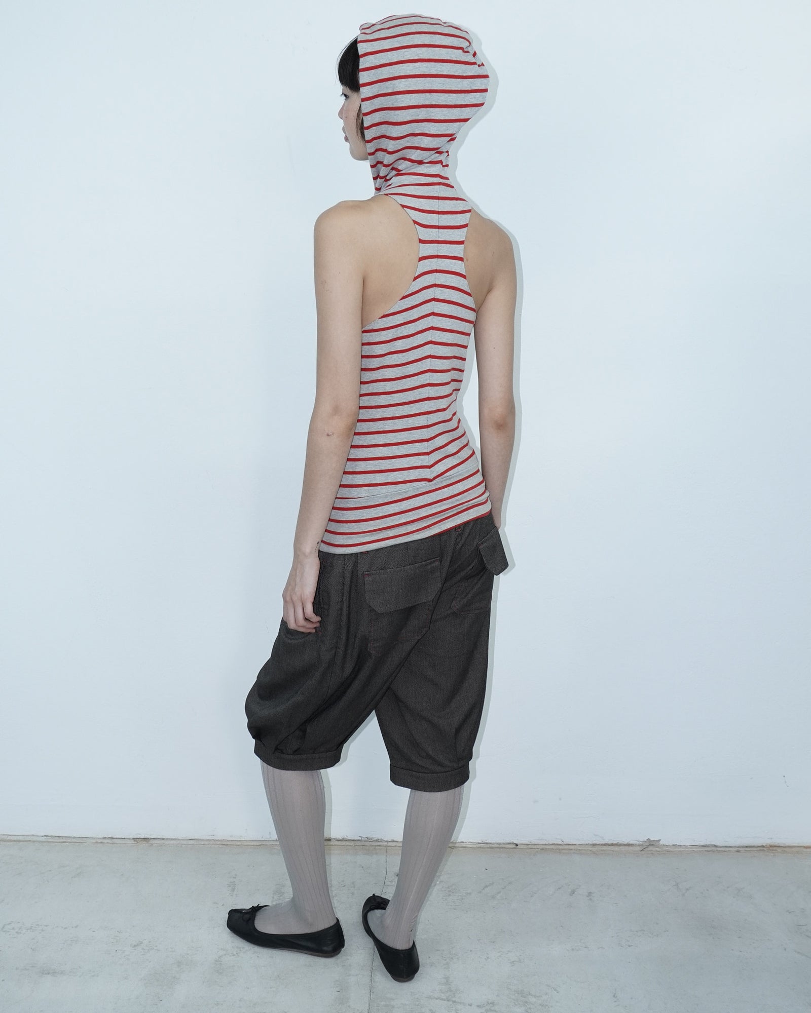 grey and red striped  hooded cotton top