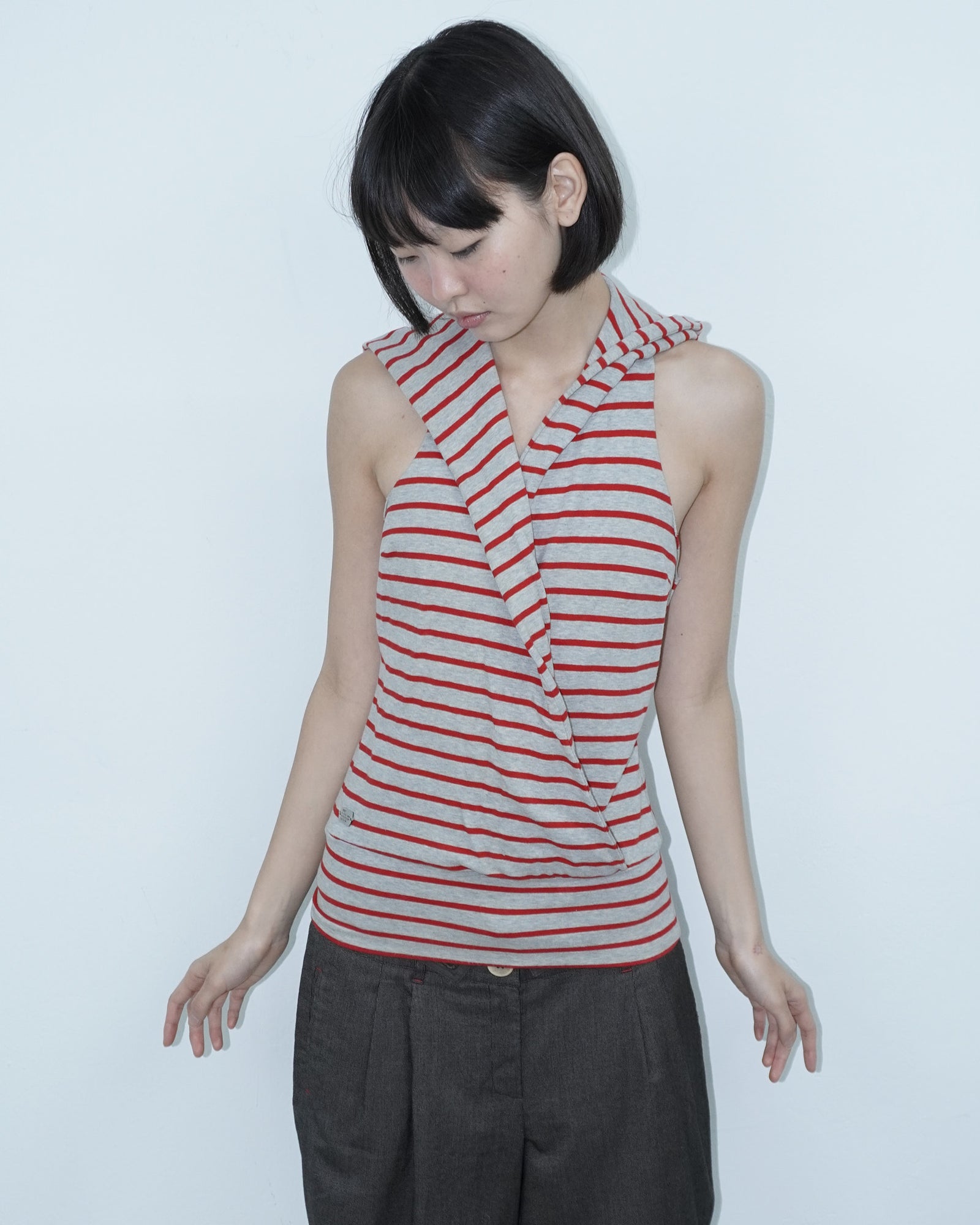 grey and red striped  hooded cotton top