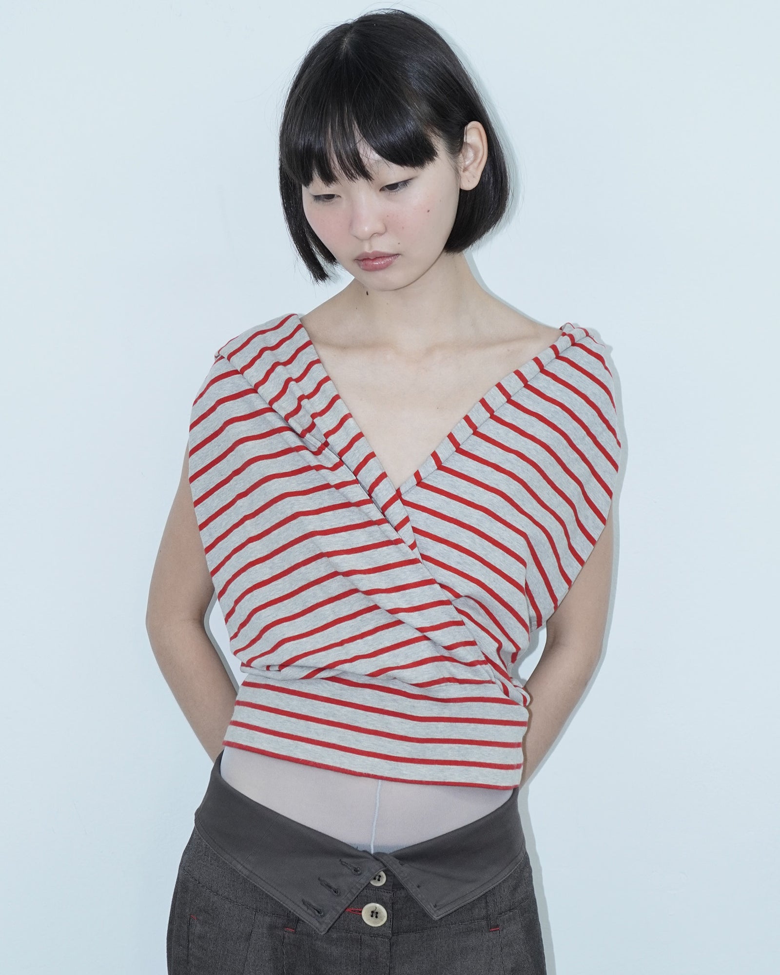 grey and red striped  hooded cotton top