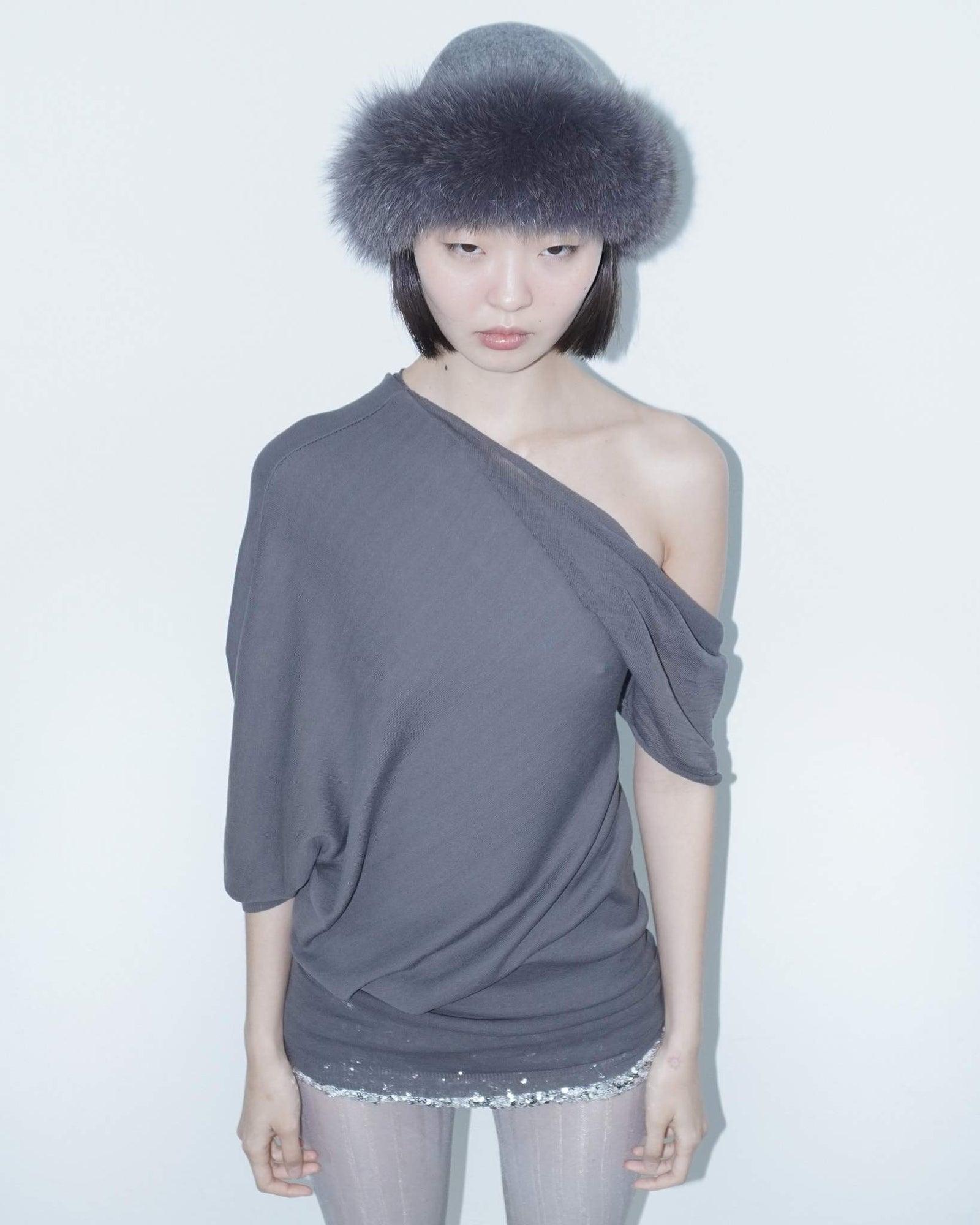 grey fluffy fur trim hat
