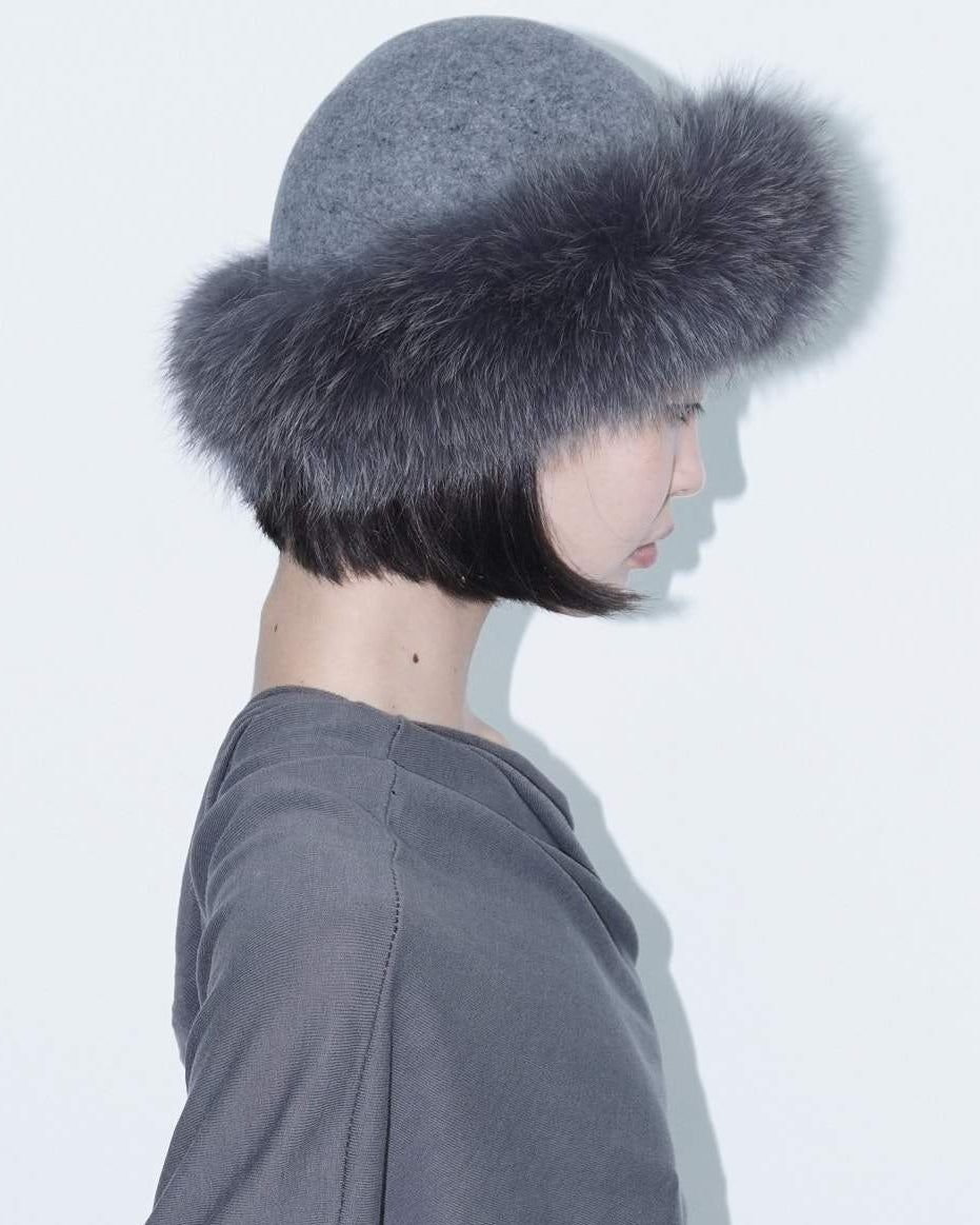grey fluffy fur trim hat