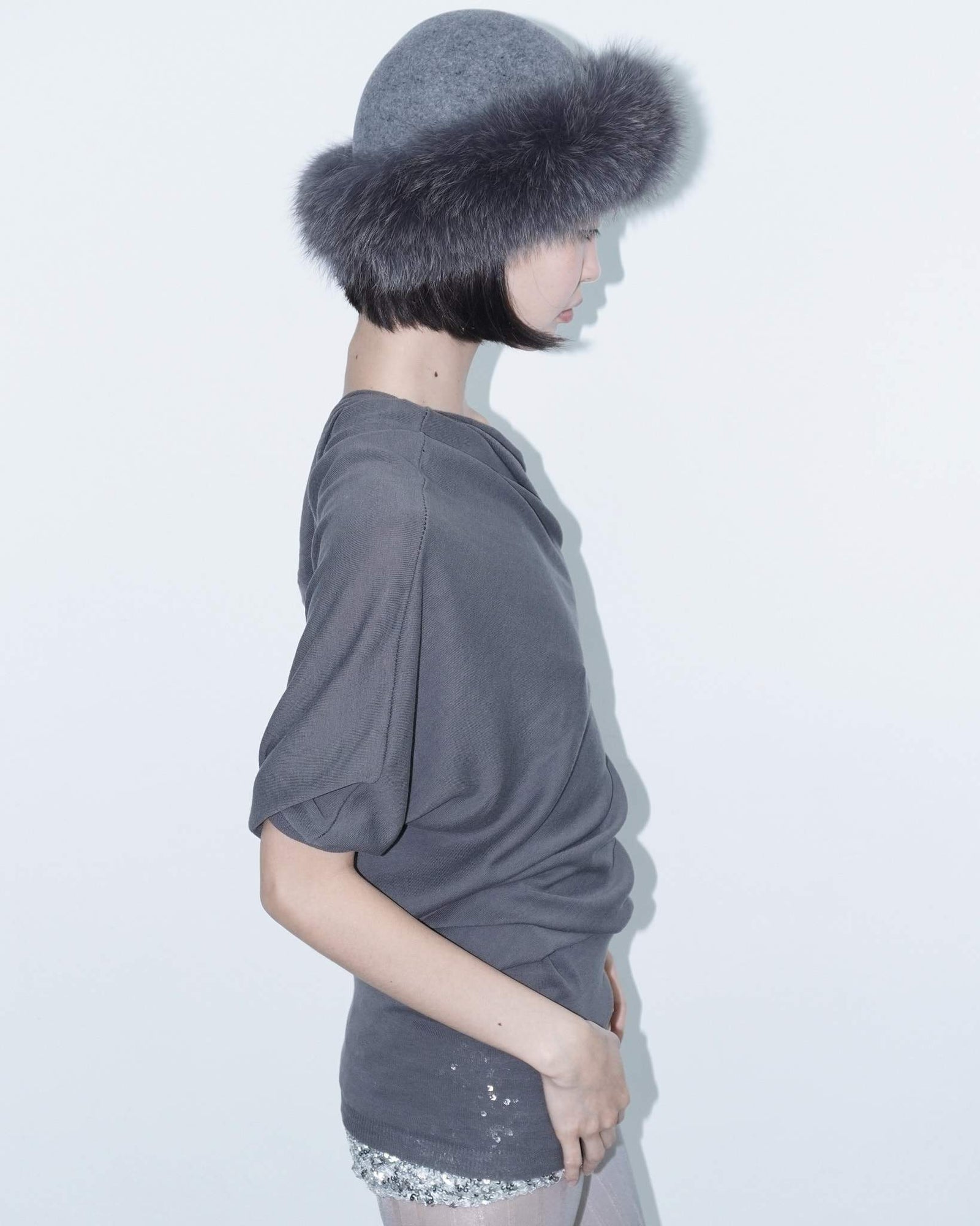 grey fluffy fur trim hat