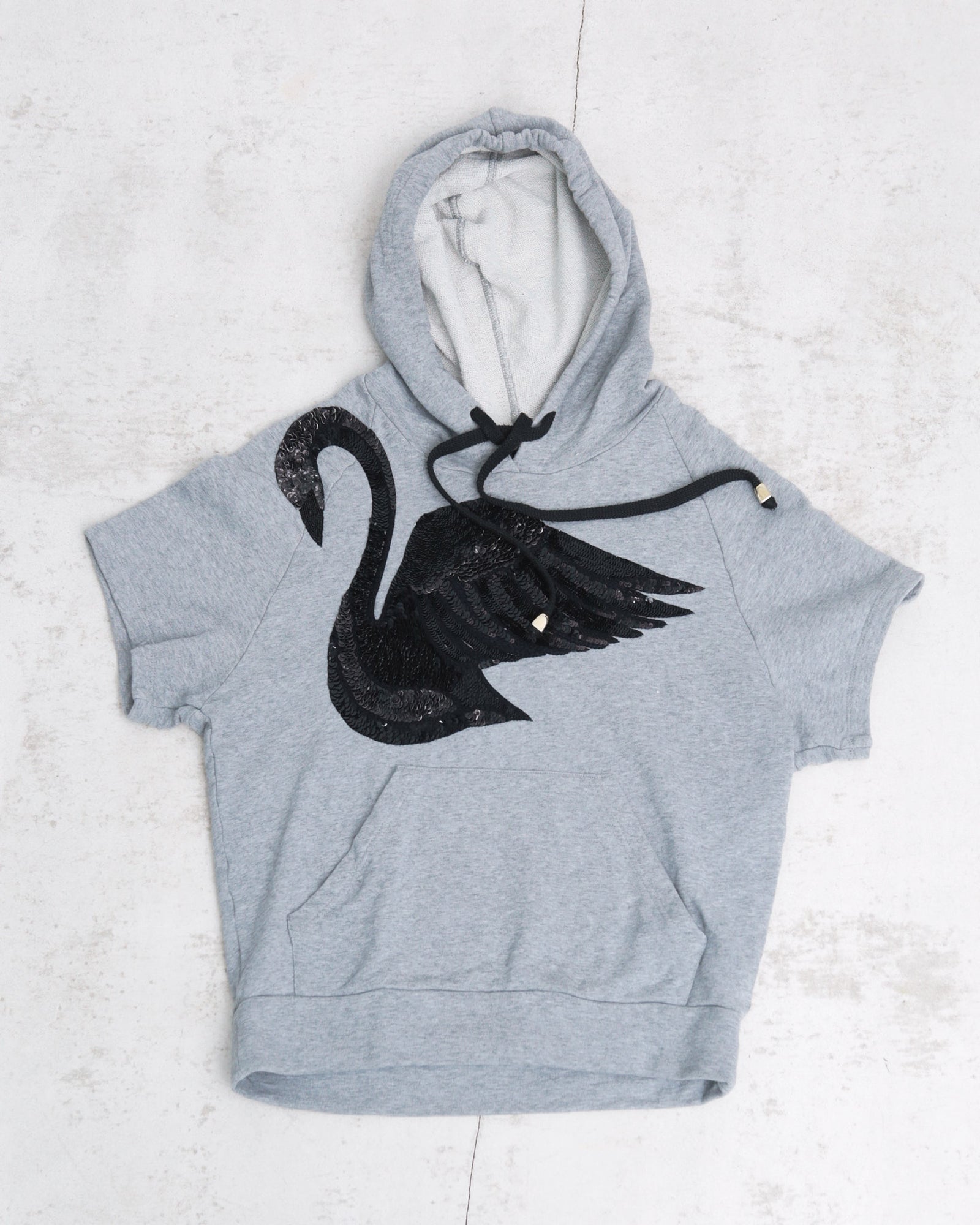 grey hooded top with sequin swan