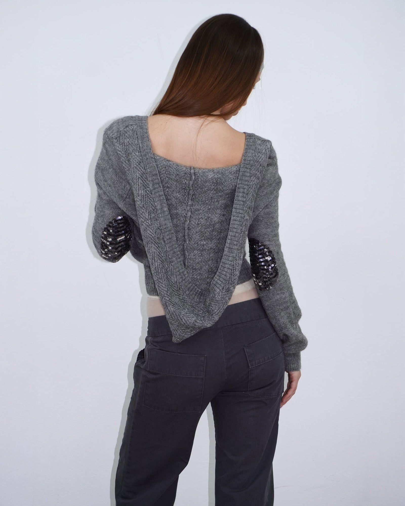 grey knit hoodie with sequins elbow patches