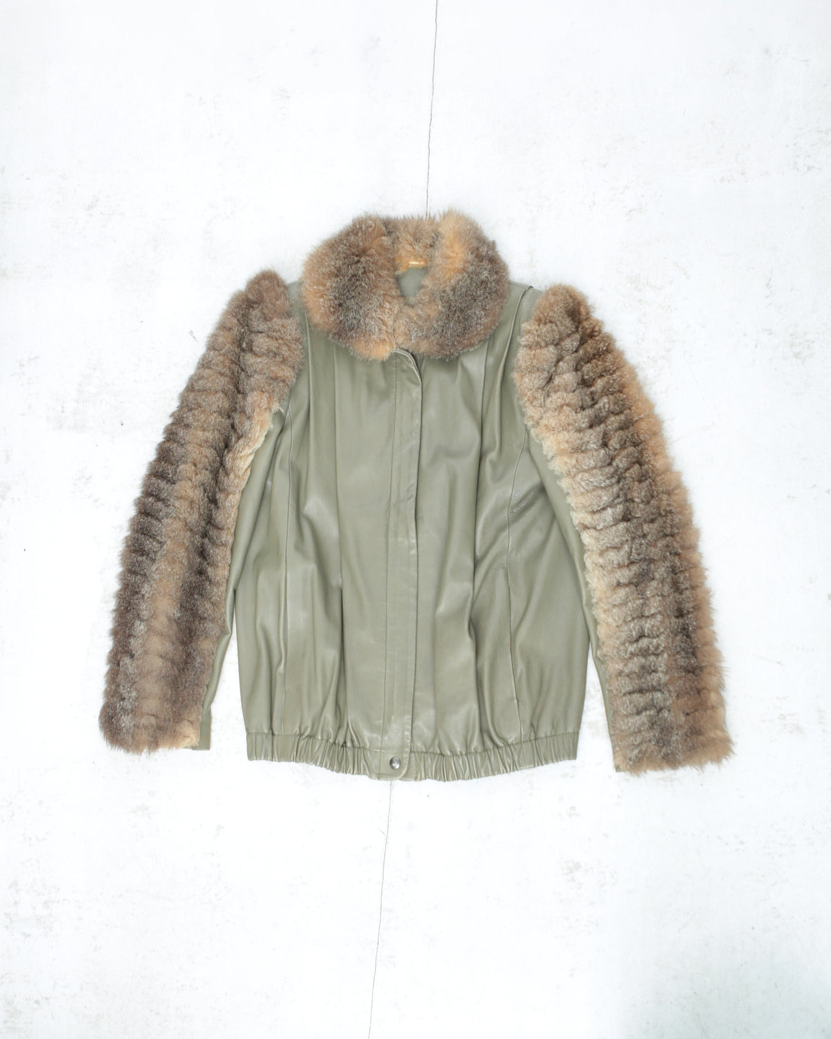 khaki leather jacket with fur sleeves and collar