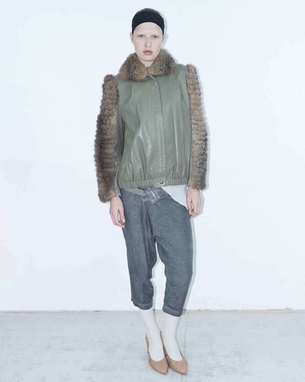 khaki leather jacket with fur sleeves and collar