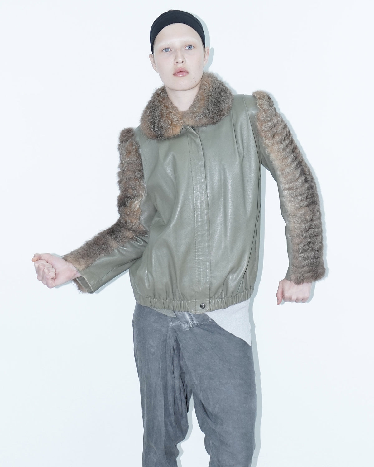 khaki leather jacket with fur sleeves and collar