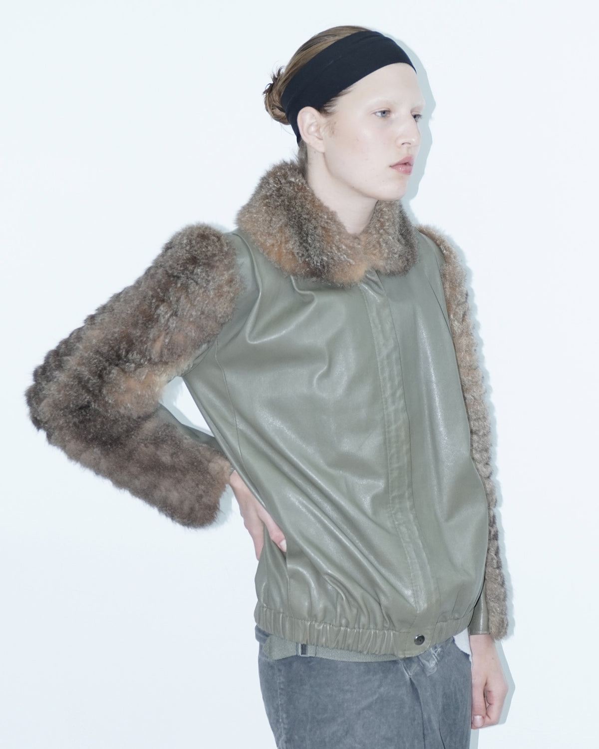 khaki leather jacket with fur sleeves and collar