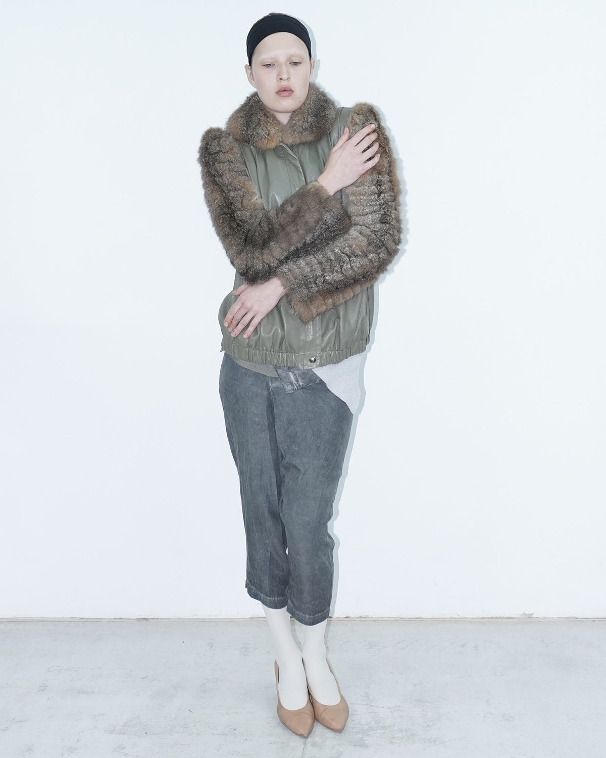 khaki leather jacket with fur sleeves and collar