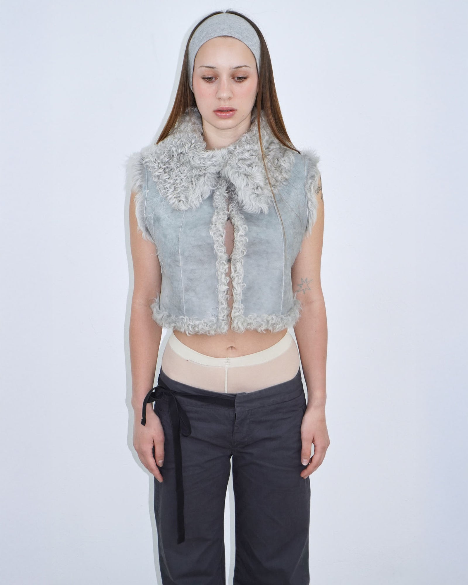 light blue grey reversible cropped fur jacket