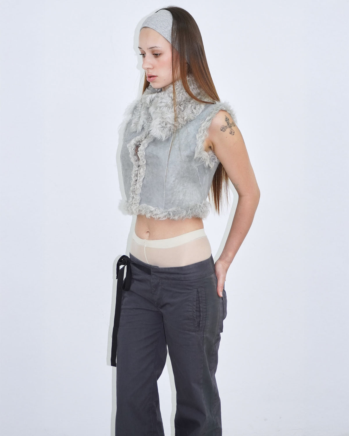light blue grey reversible cropped fur jacket