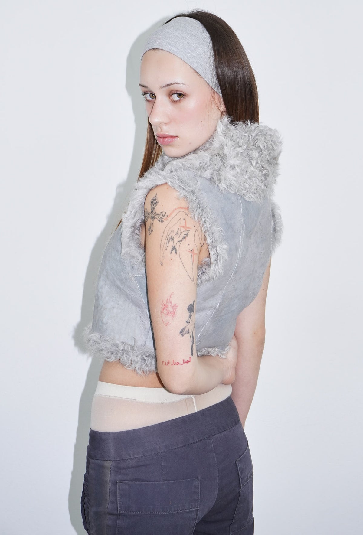 light blue grey reversible cropped fur jacket