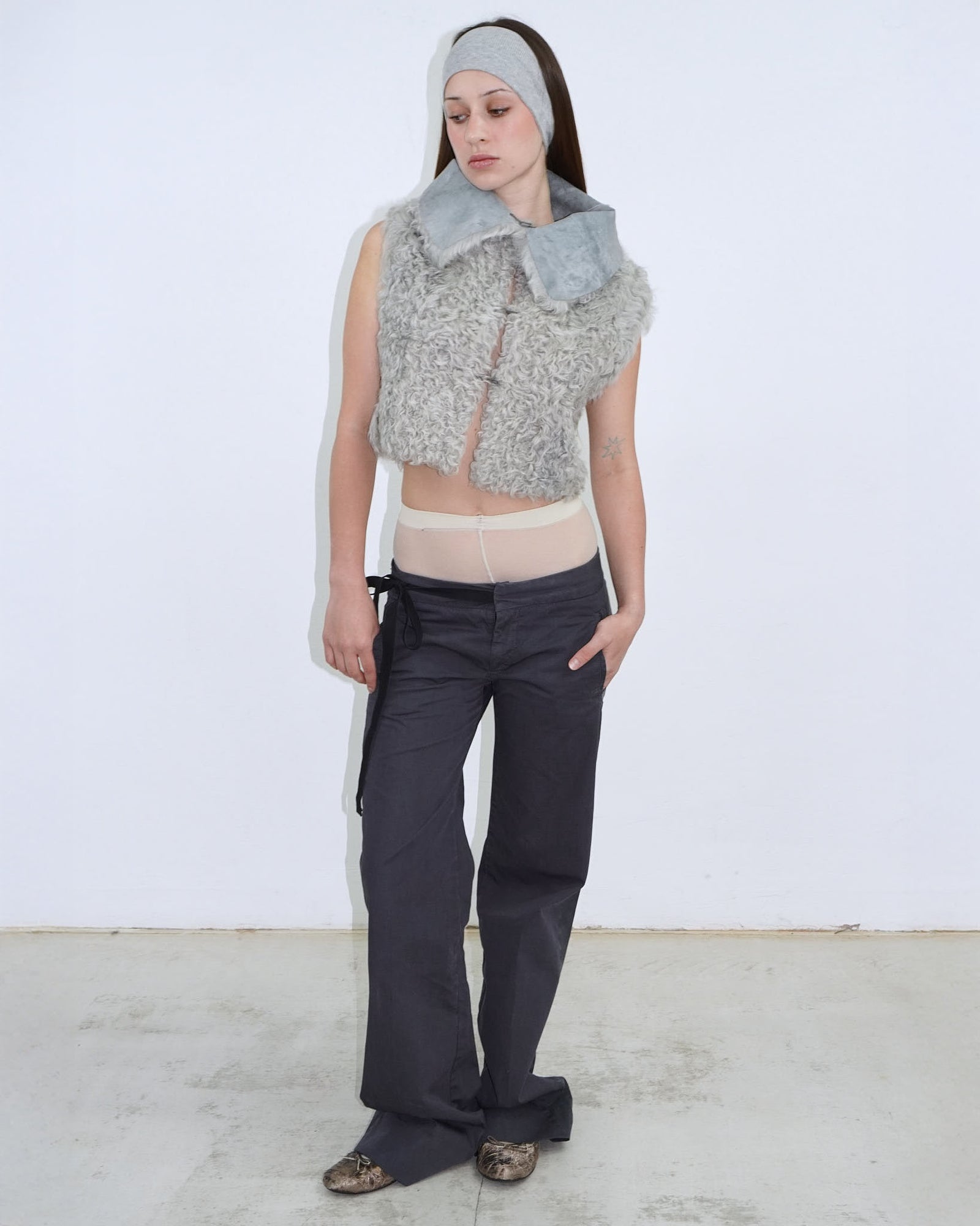 light blue grey reversible cropped fur jacket