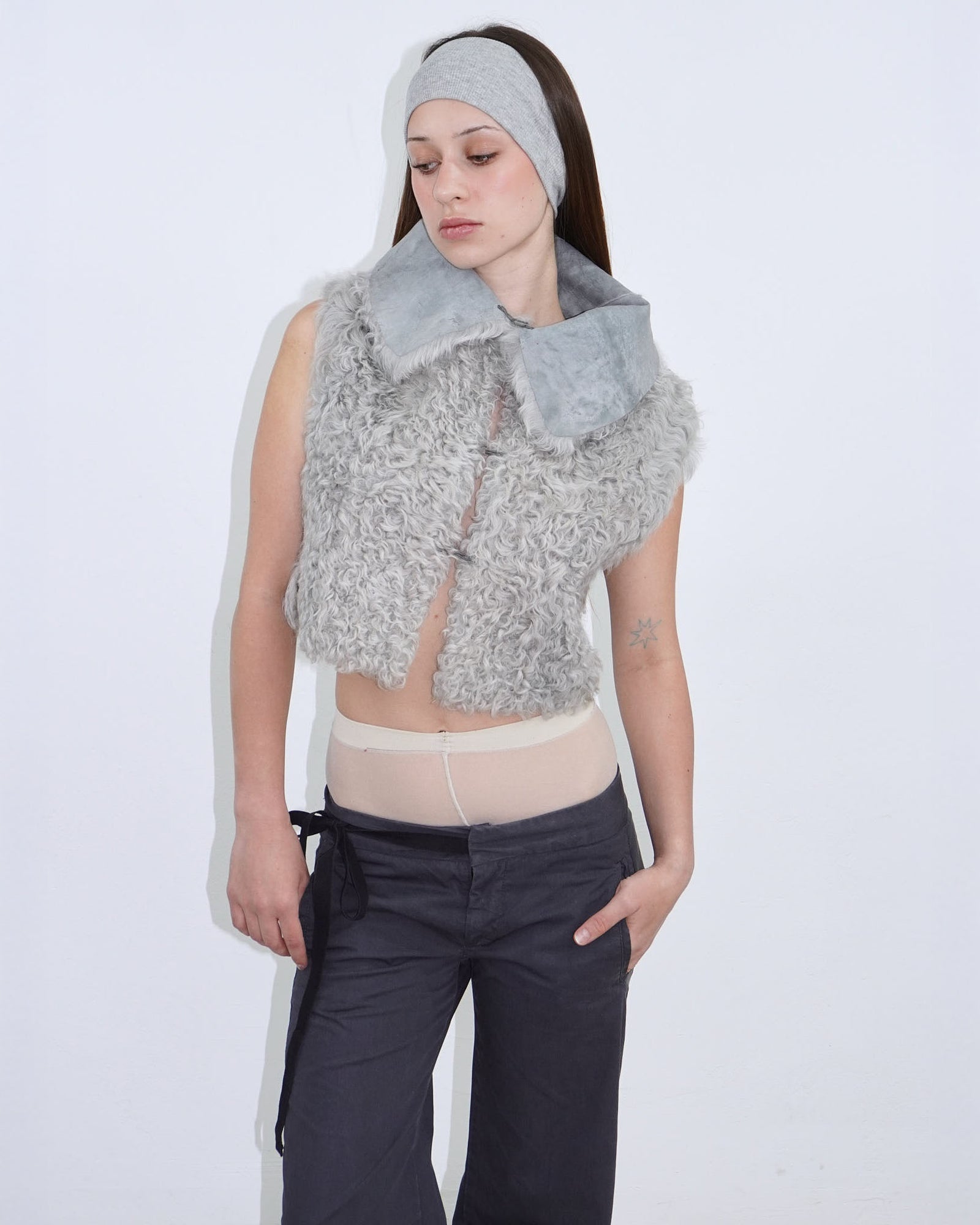 light blue grey reversible cropped fur jacket