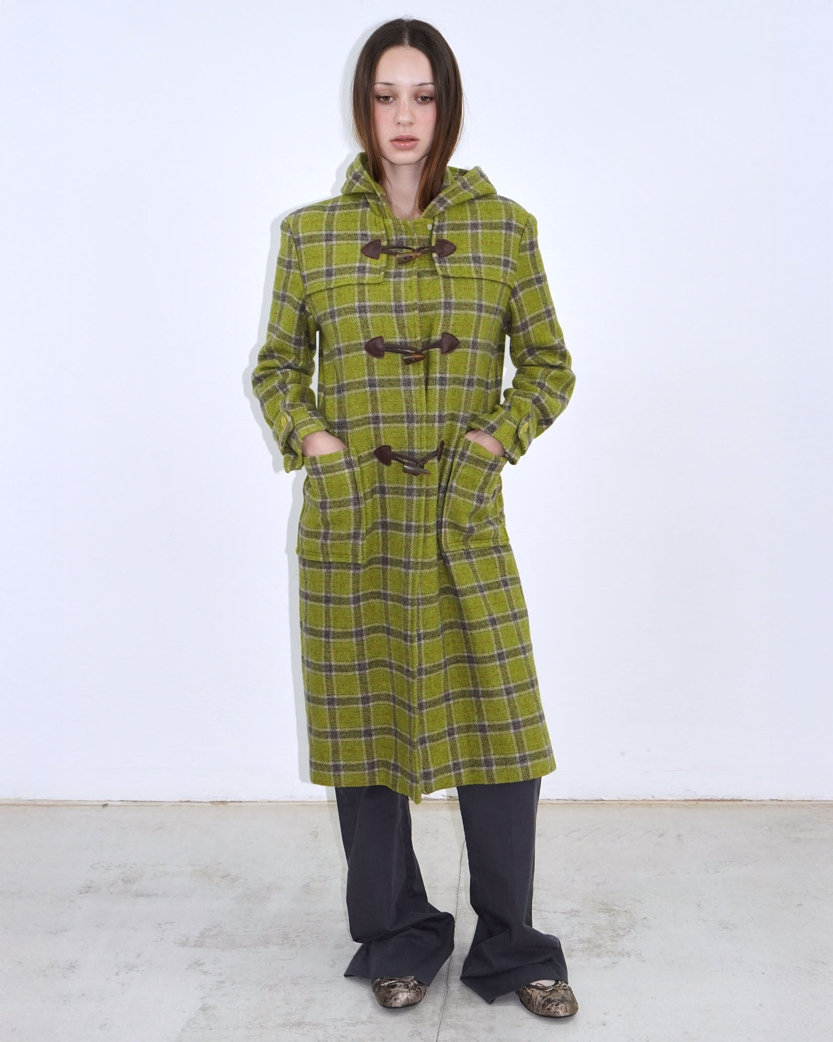 light green tartan pattern duffle coat – ANEMONIA