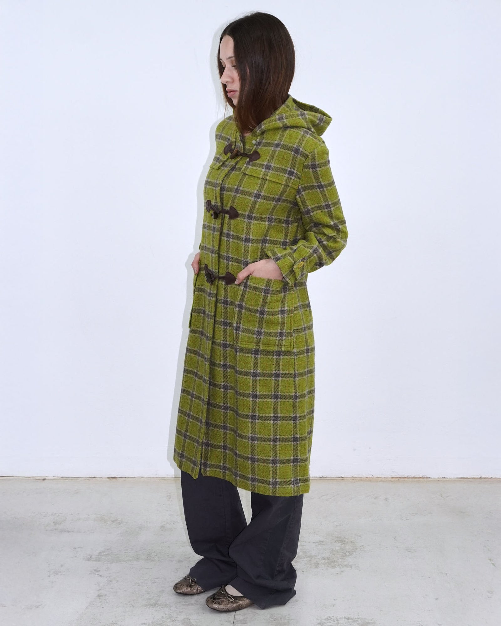 light green tartan pattern duffle coat