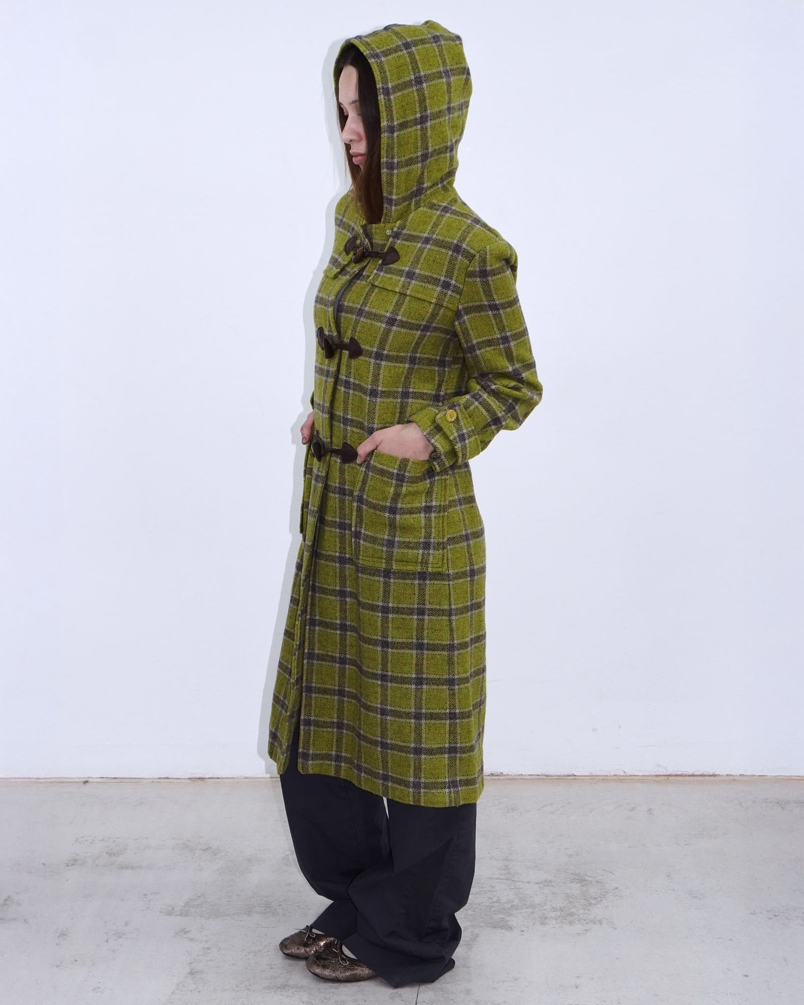 light green tartan pattern duffle coat