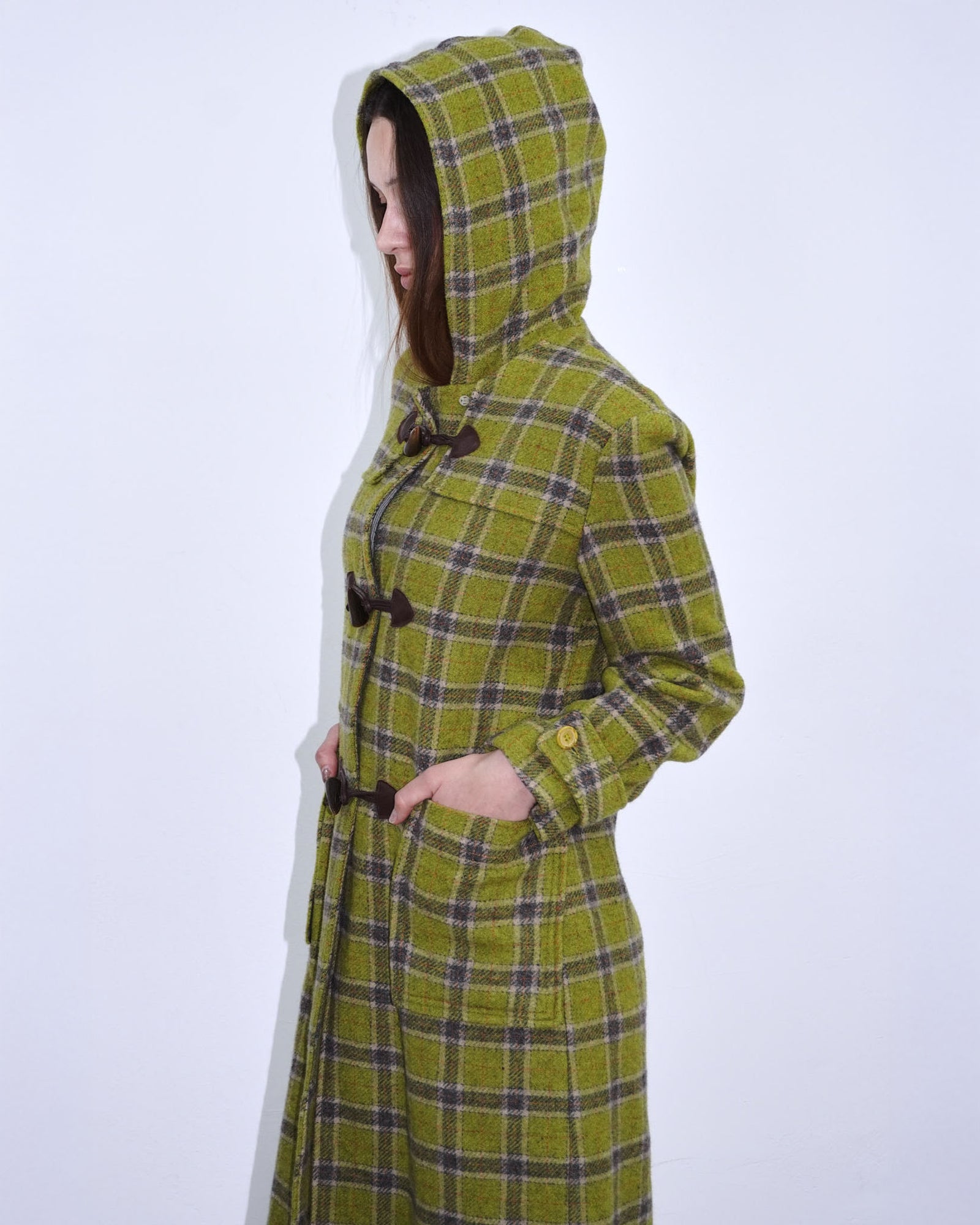 light green tartan pattern duffle coat