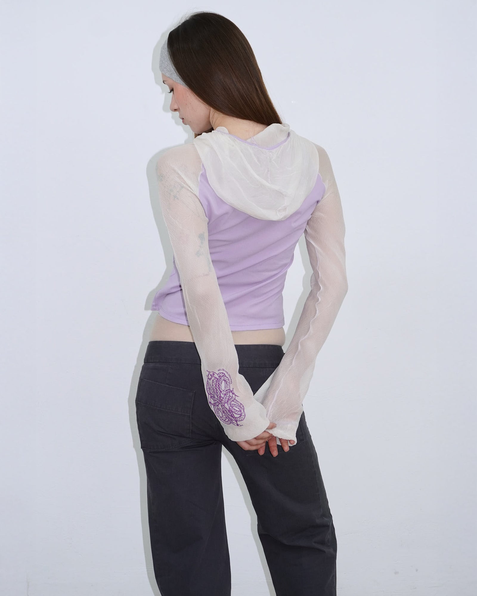 lilac hoodie with silk hood and sleeves