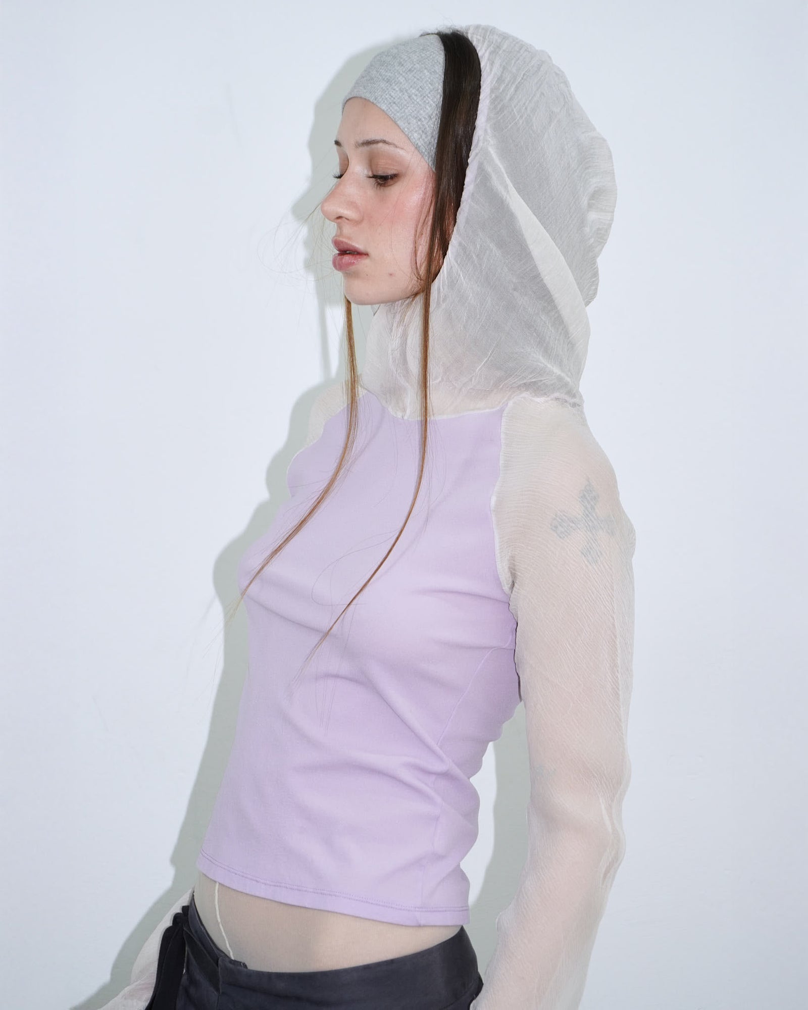 lilac hoodie with silk hood and sleeves