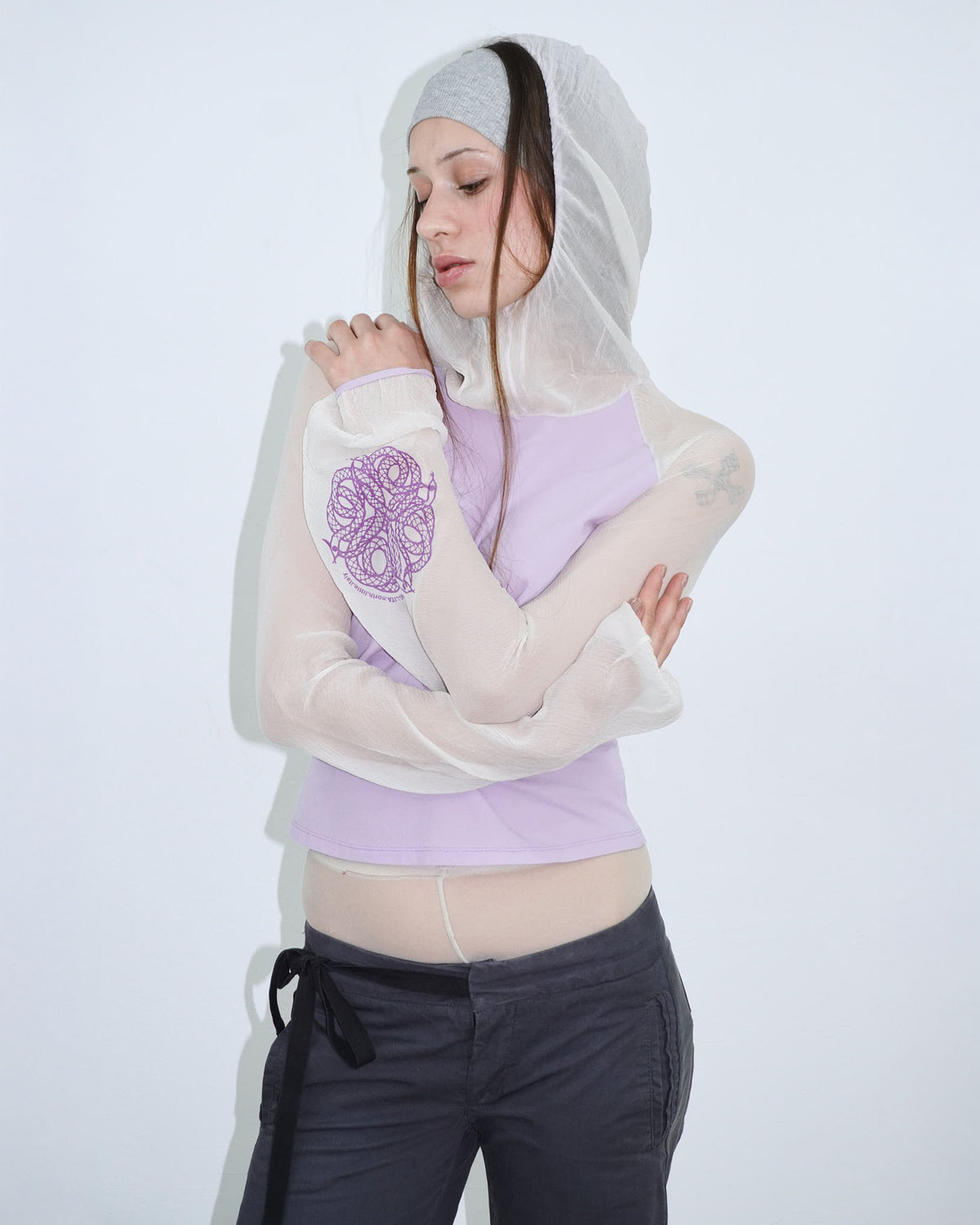 lilac hoodie with silk hood and sleeves