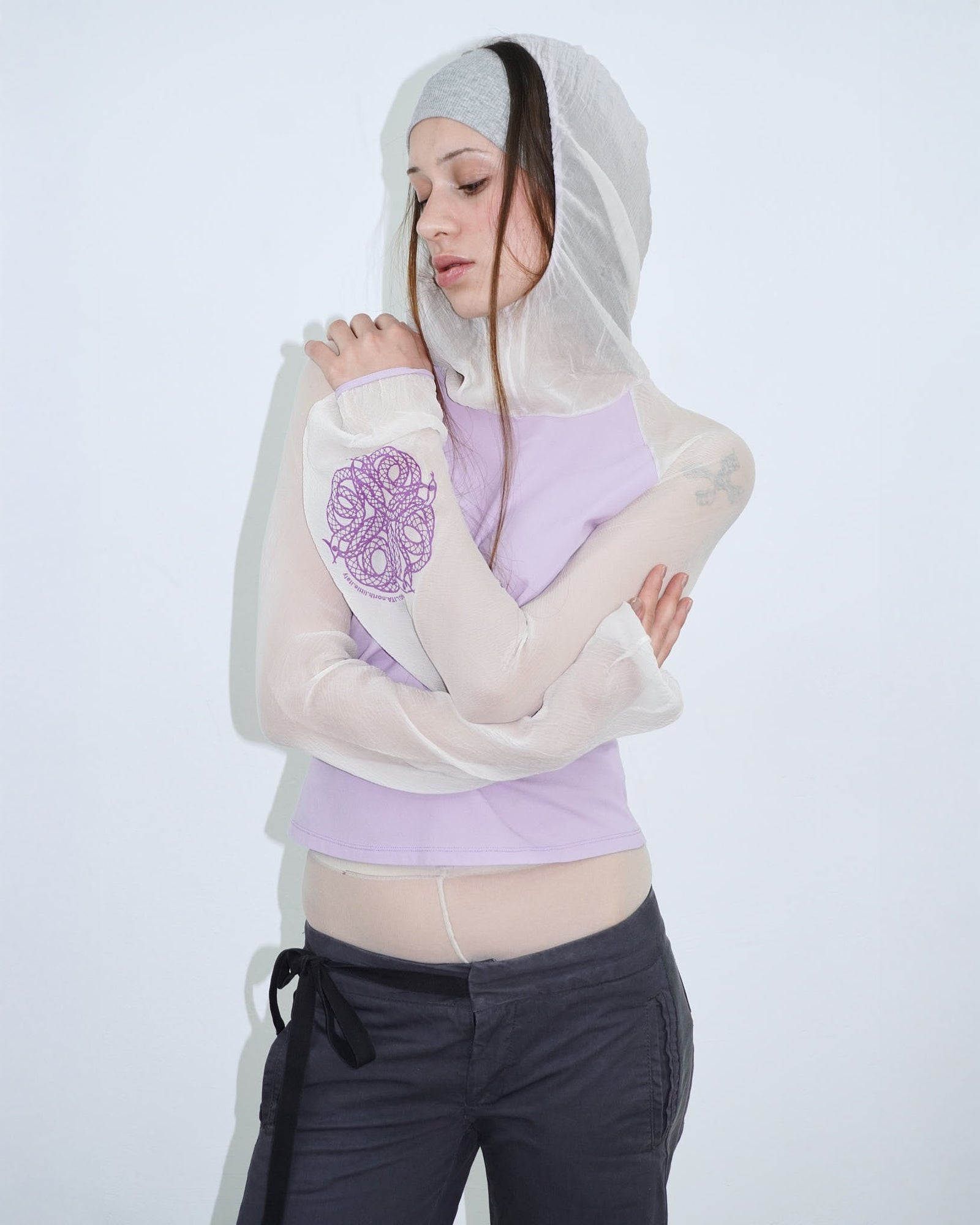 lilac hoodie with silk hood and sleeves