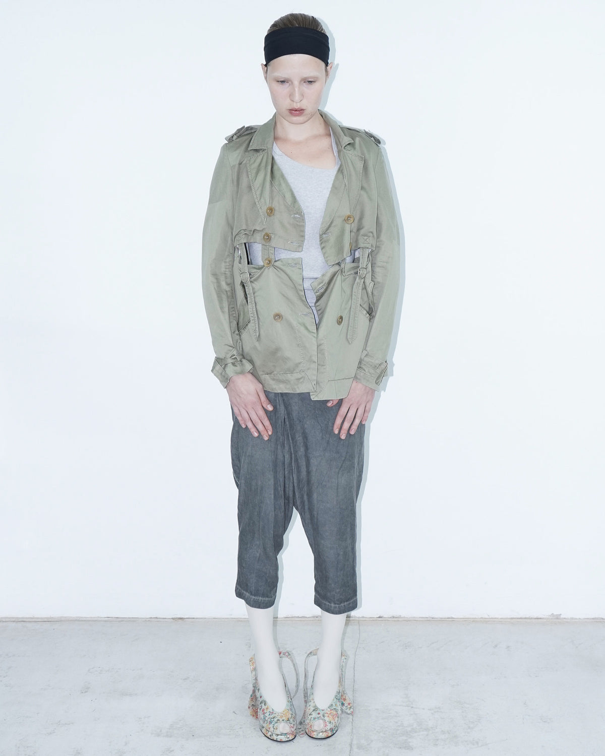 linen deconstructed army green trench jacket