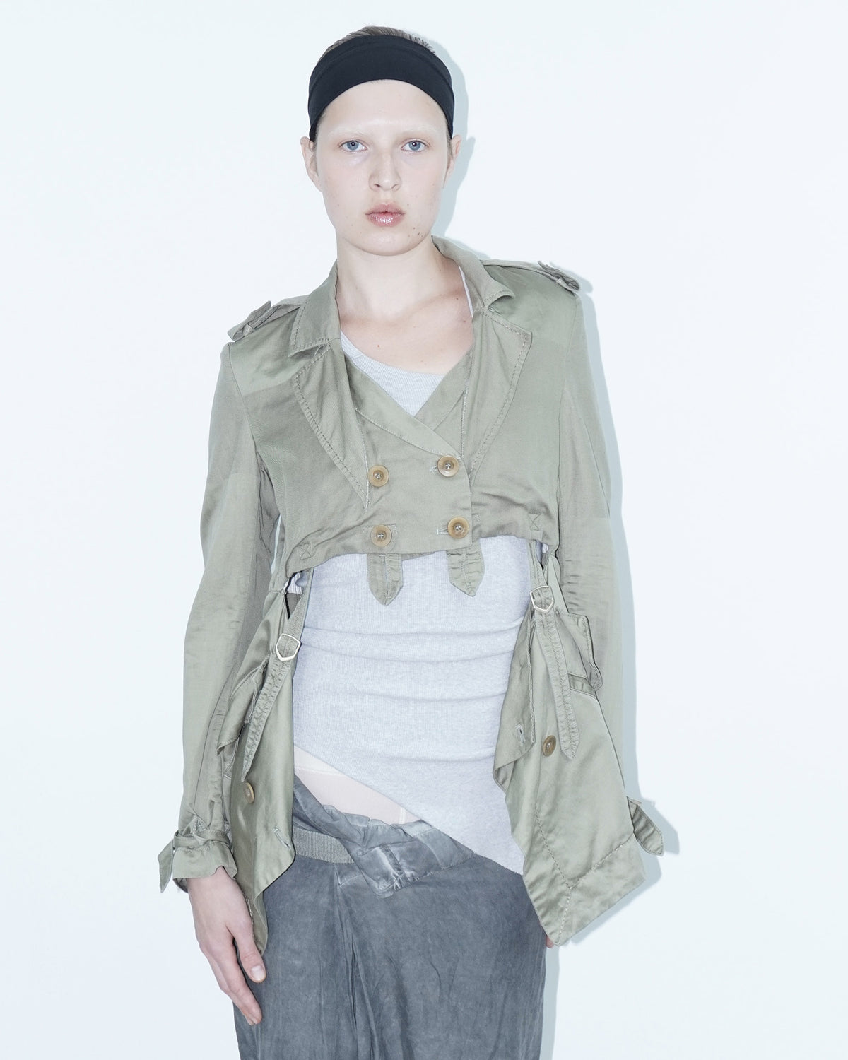 linen deconstructed army green trench jacket