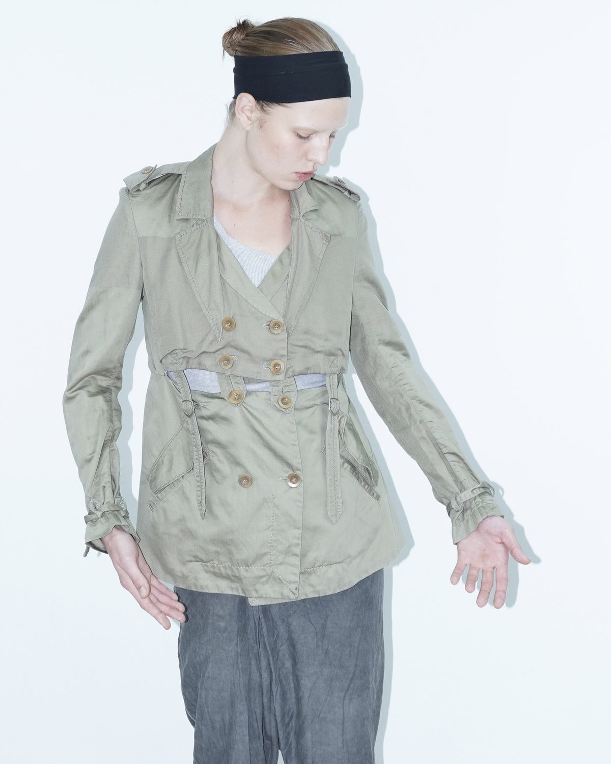 linen deconstructed army green trench jacket