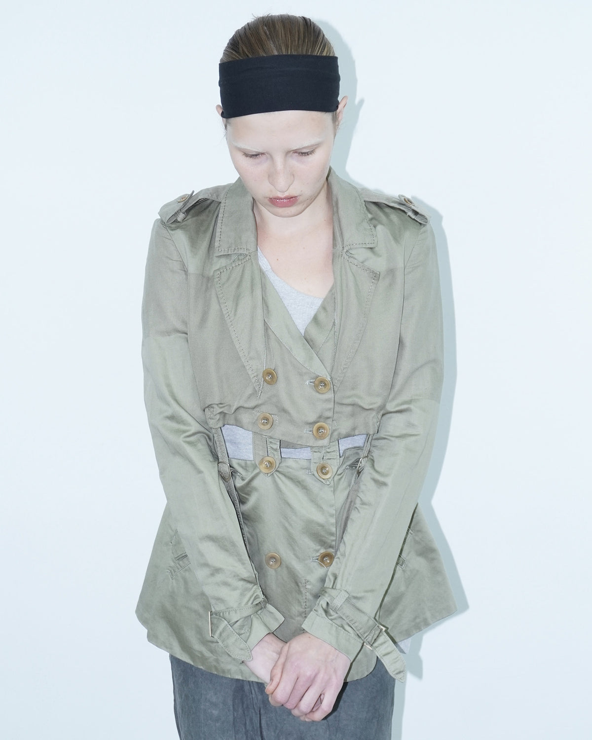 linen deconstructed army green trench jacket