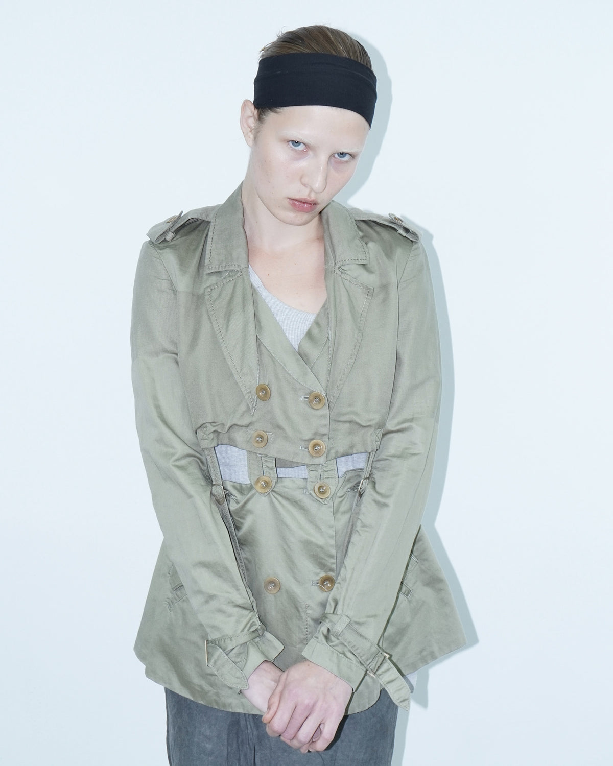 linen deconstructed army green trench jacket