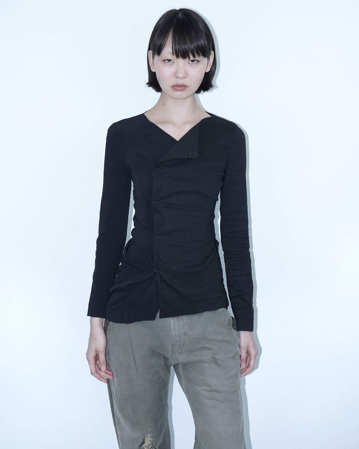 linen long sleeved asymmetrical black top
