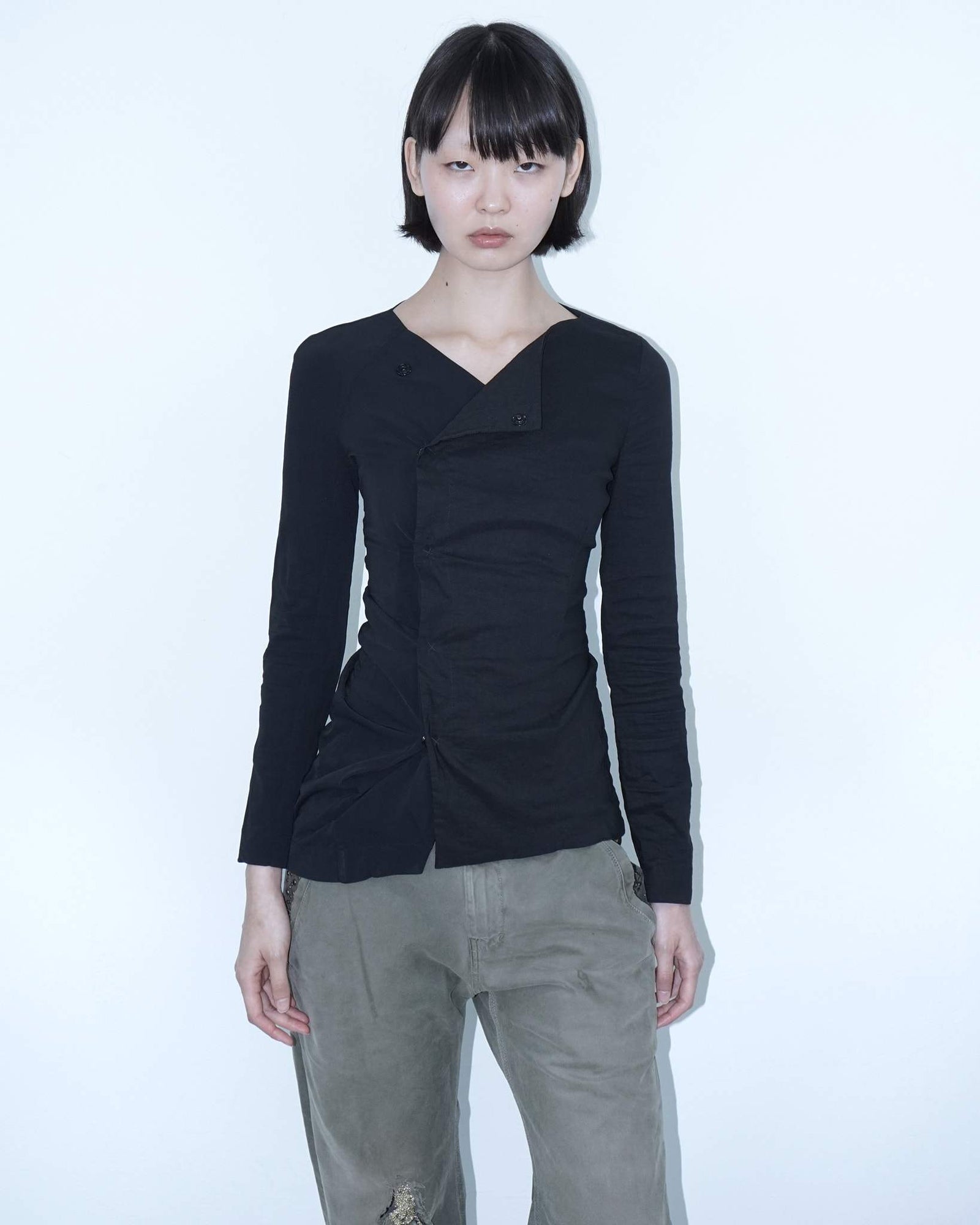 linen long sleeved asymmetrical black top