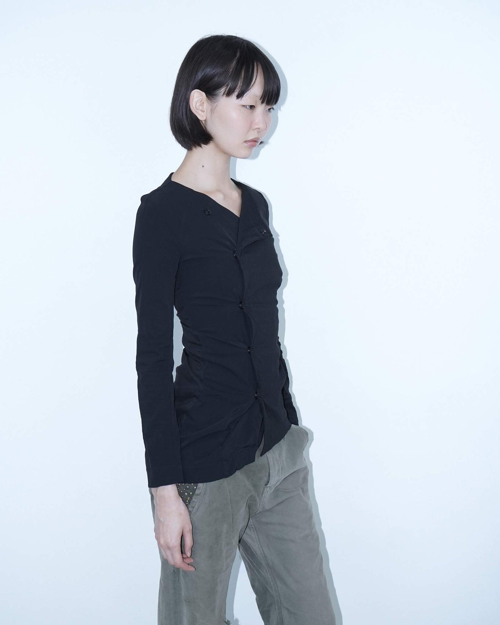 linen long sleeved asymmetrical black top
