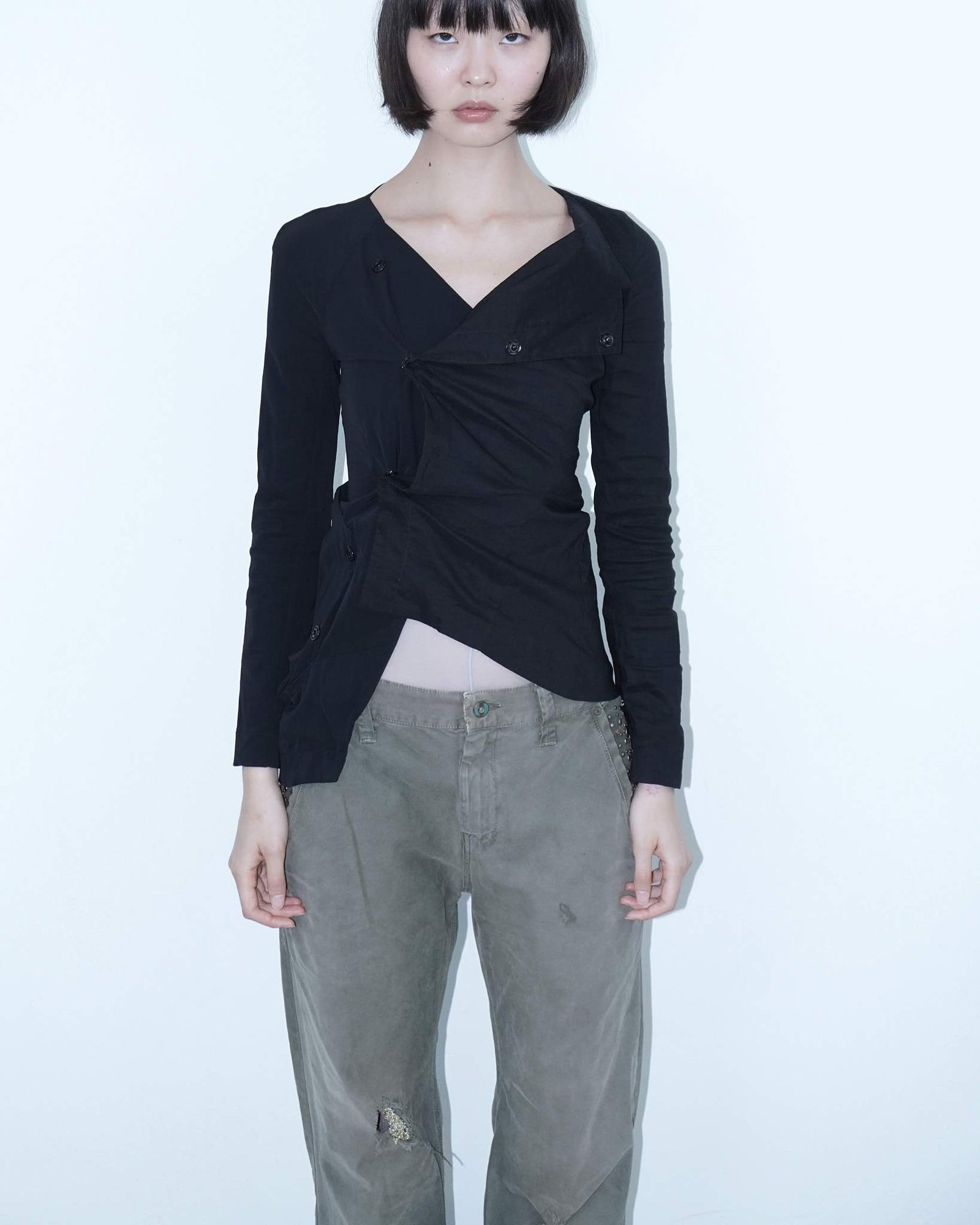 linen long sleeved asymmetrical black top